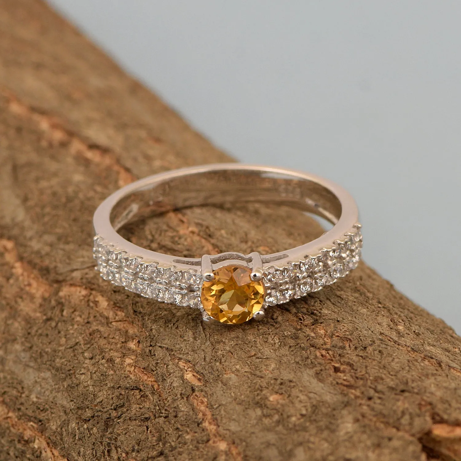 0.45 Ctw Round Citrine Birthstone 925 Sterling Silver Solitaire Accents Ring