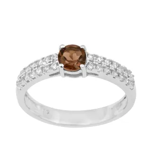 0.45 Ctw Round Smoky Quartz Birthstone 925 Sterling Silver Solitaire Accents Ring