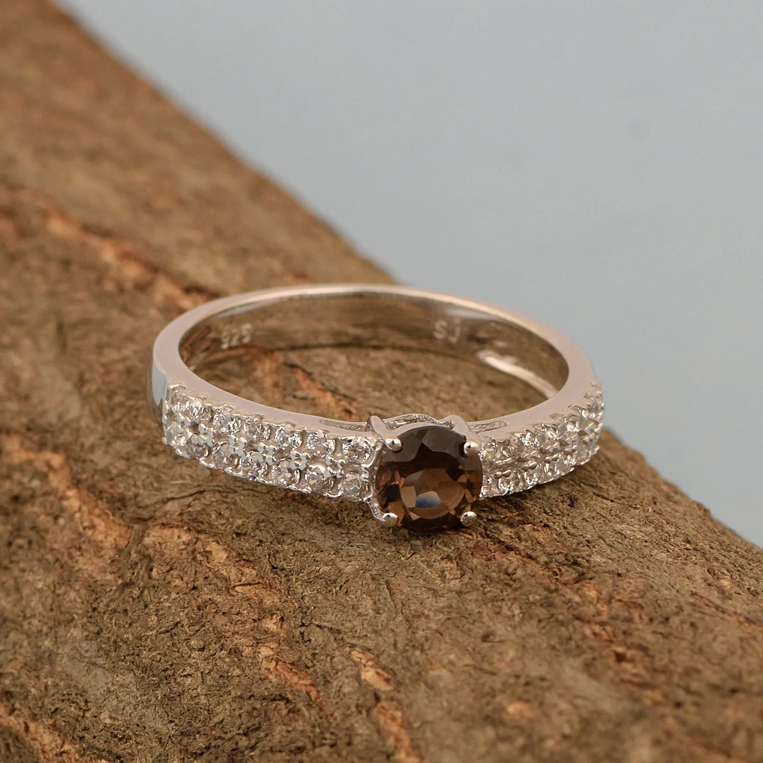 0.45 Ctw Round Smoky Quartz Birthstone 925 Sterling Silver Solitaire Accents Ring