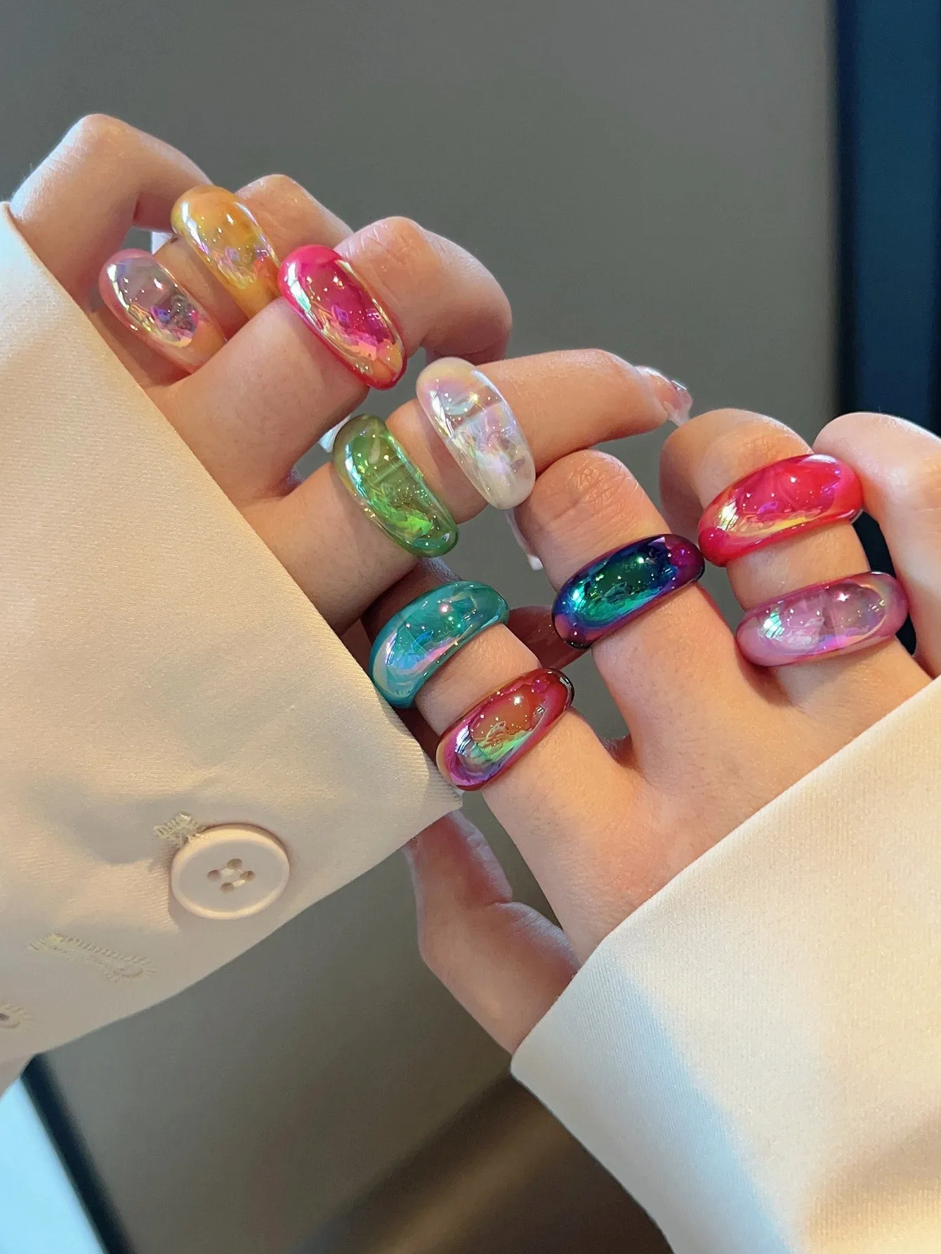 10pcs/set Geometric Resin Round Shaped Rings - Multicolor