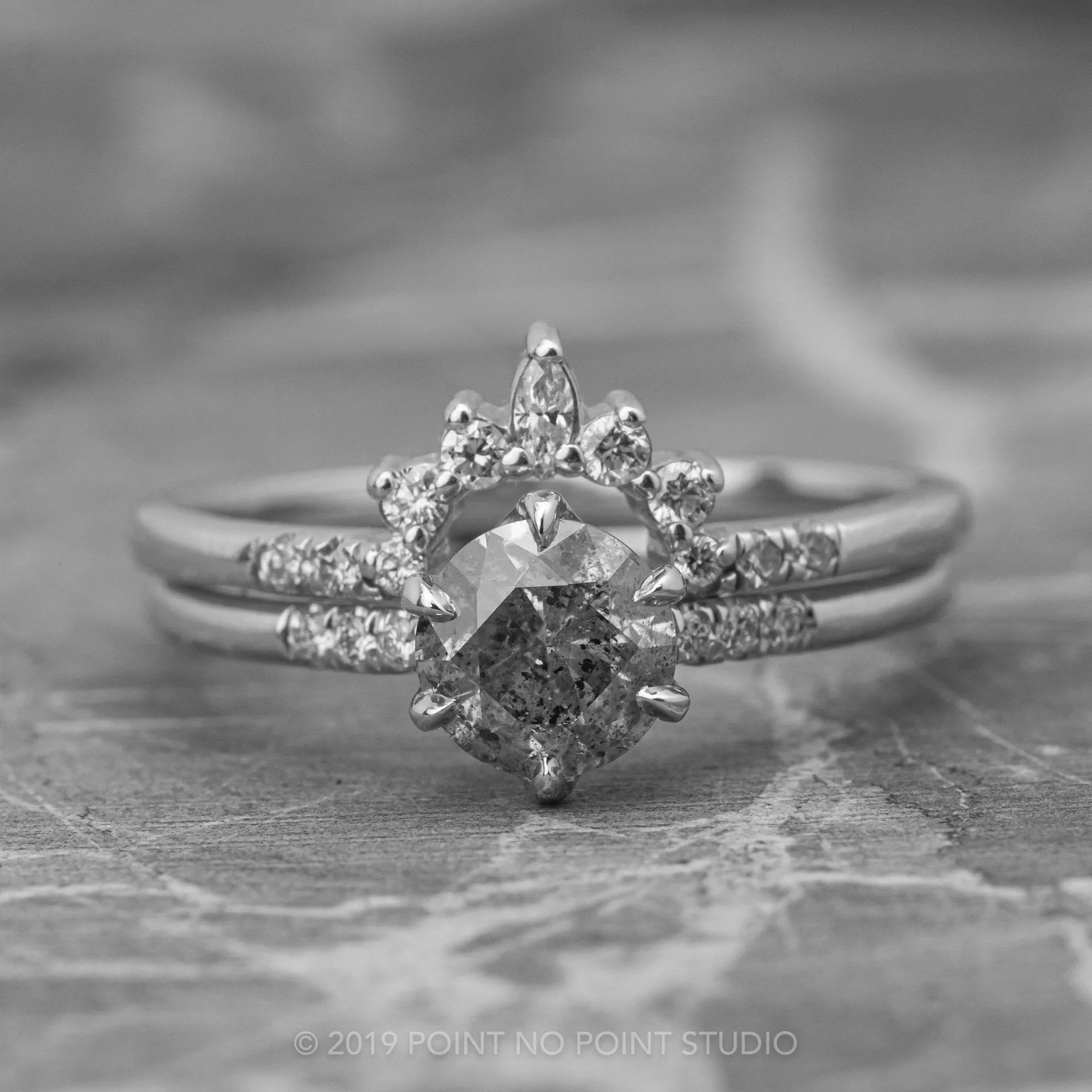 1.12 Carat Salt and Pepper Round Diamond Engagement Ring, Madeline Setting, Platinum