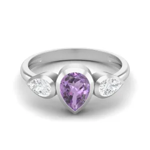 1.25 Cts Pear Amethyst 925 Sterling Silver 3- Stone Engagement Ring