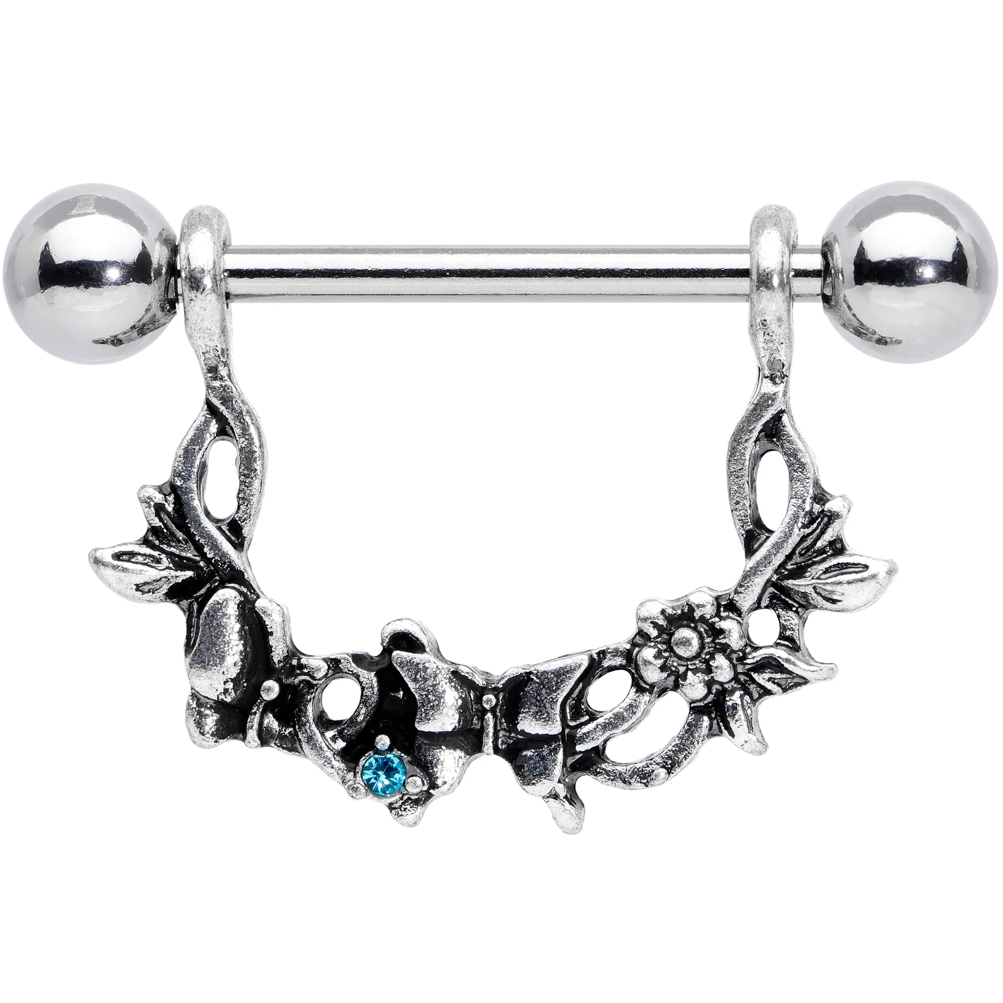 14 Gauge 9/16 Aqua Gem Abstract Bow Butterfly Dangle Nipple Ring Set