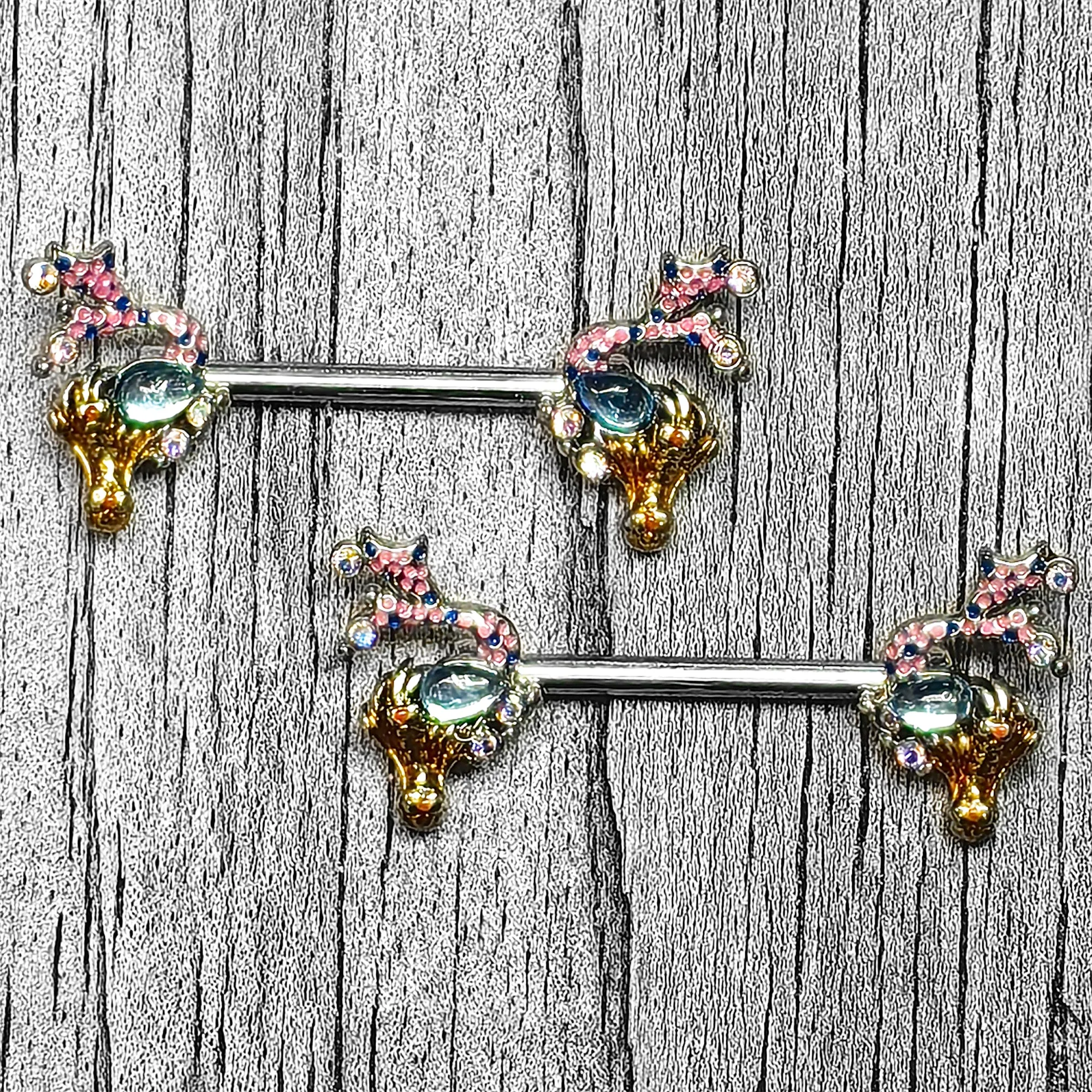 14 Gauge 9/16 Blue Aurora Gem Abstract Mermaid Barbell Nipple Ring Set