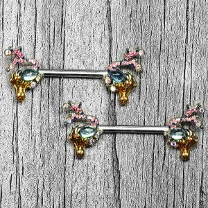 14 Gauge 9/16 Blue Aurora Gem Abstract Mermaid Barbell Nipple Ring Set
