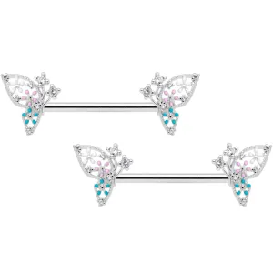 14 Gauge 9/16 Clear CZ Gem Abstract Butterfly Barbell Nipple Ring Set