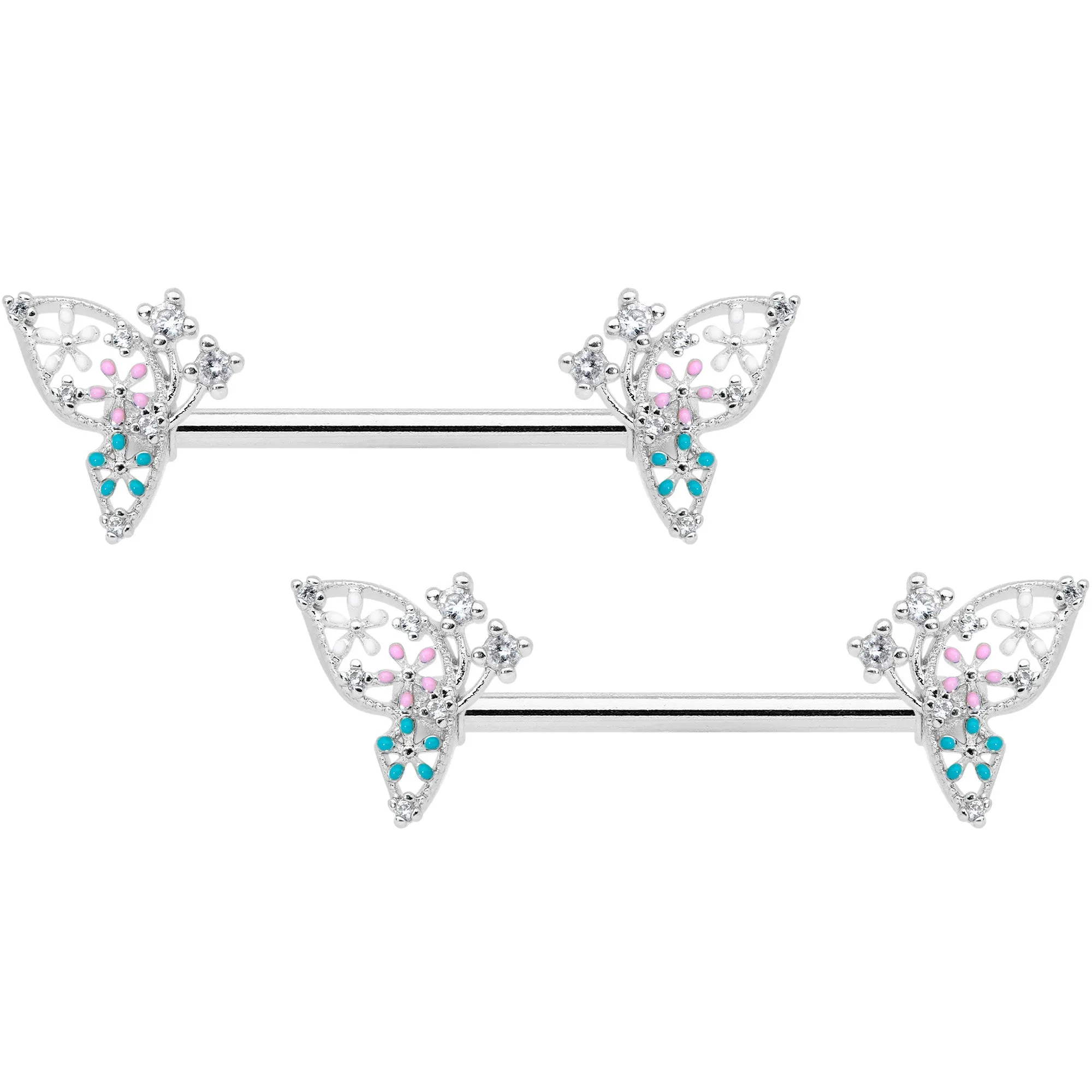 14 Gauge 9/16 Clear CZ Gem Abstract Butterfly Barbell Nipple Ring Set