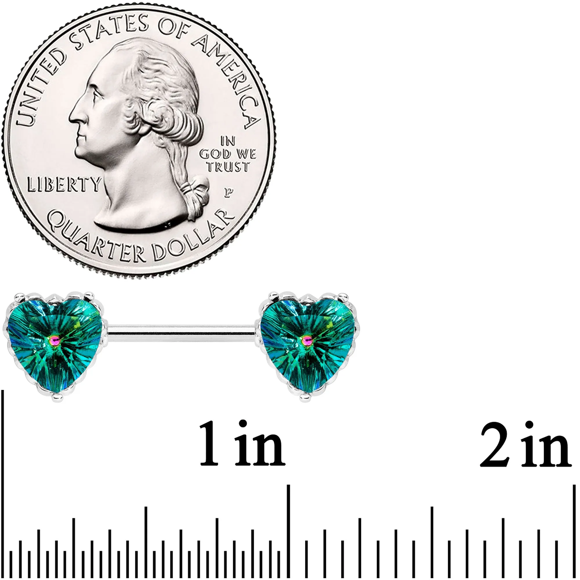 14 Gauge 9/16 Green CZ Gem Heart Valentines Day Nipple Ring Set