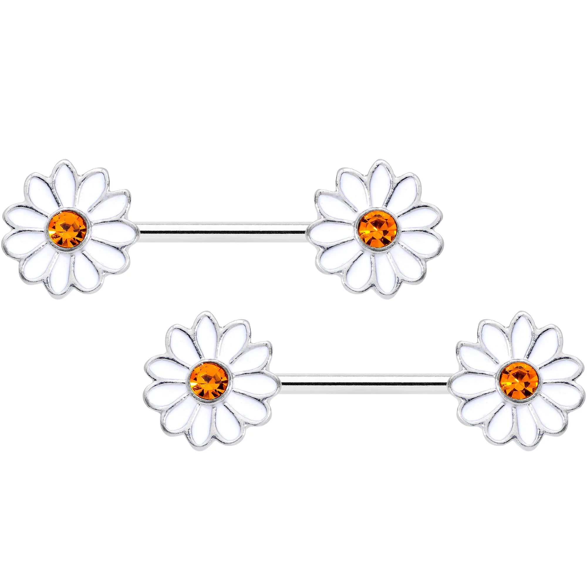 14 Gauge 9/16 Yellow Gem White Daisy Flower Hippie Nipple Ring Set
