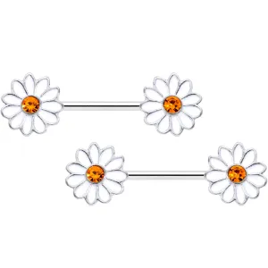 14 Gauge 9/16 Yellow Gem White Daisy Flower Hippie Nipple Ring Set