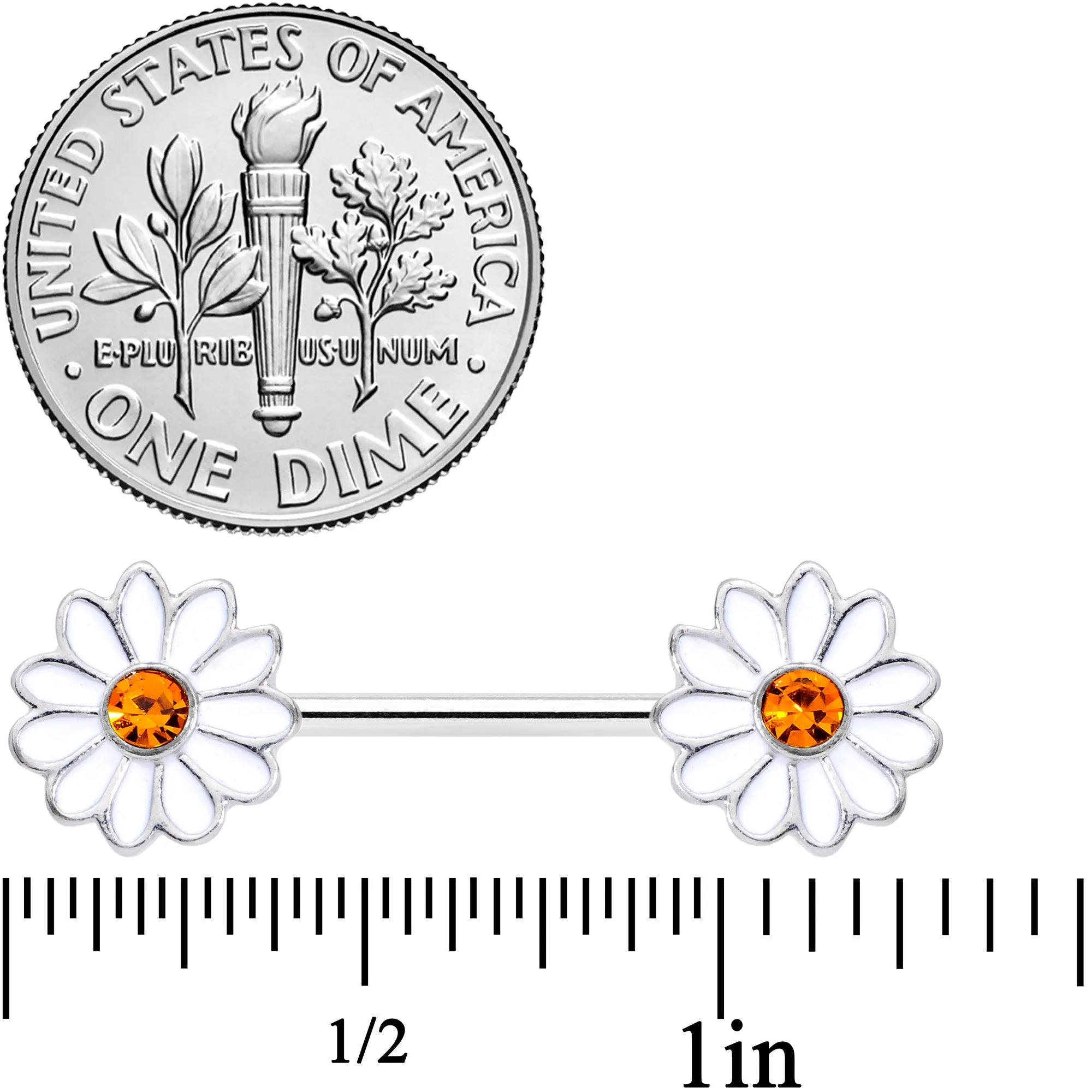 14 Gauge 9/16 Yellow Gem White Daisy Flower Hippie Nipple Ring Set