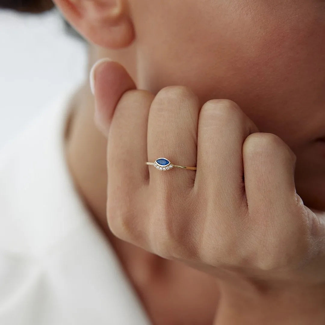14k Gold Blue Topaz Eyelash Eye Ring