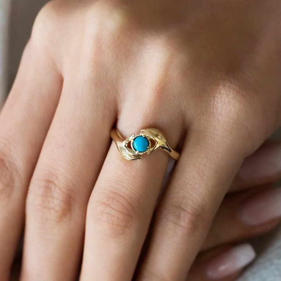 14k Gold Turquoise Stone Holding Hand Ring