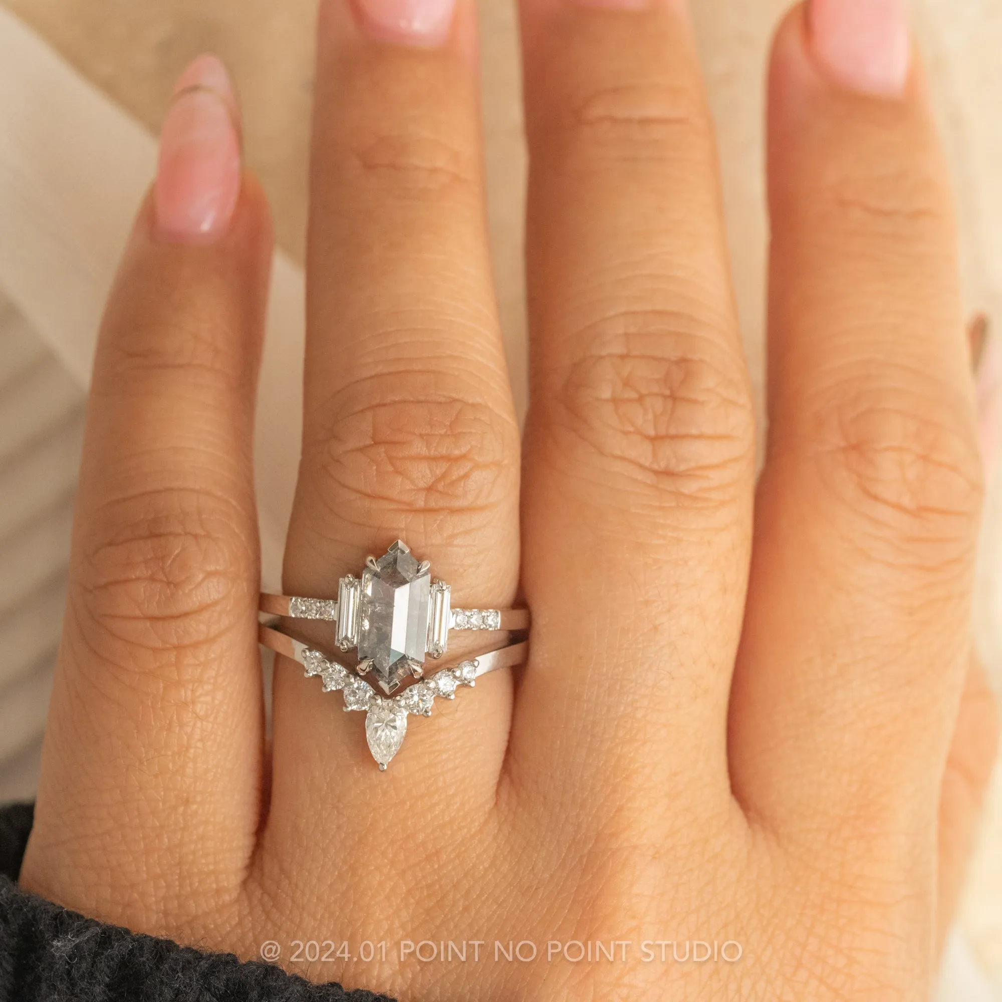 1.68 Carat Salt and Pepper Hexagon Diamond Engagement Ring, Eliza Setting, Platinum