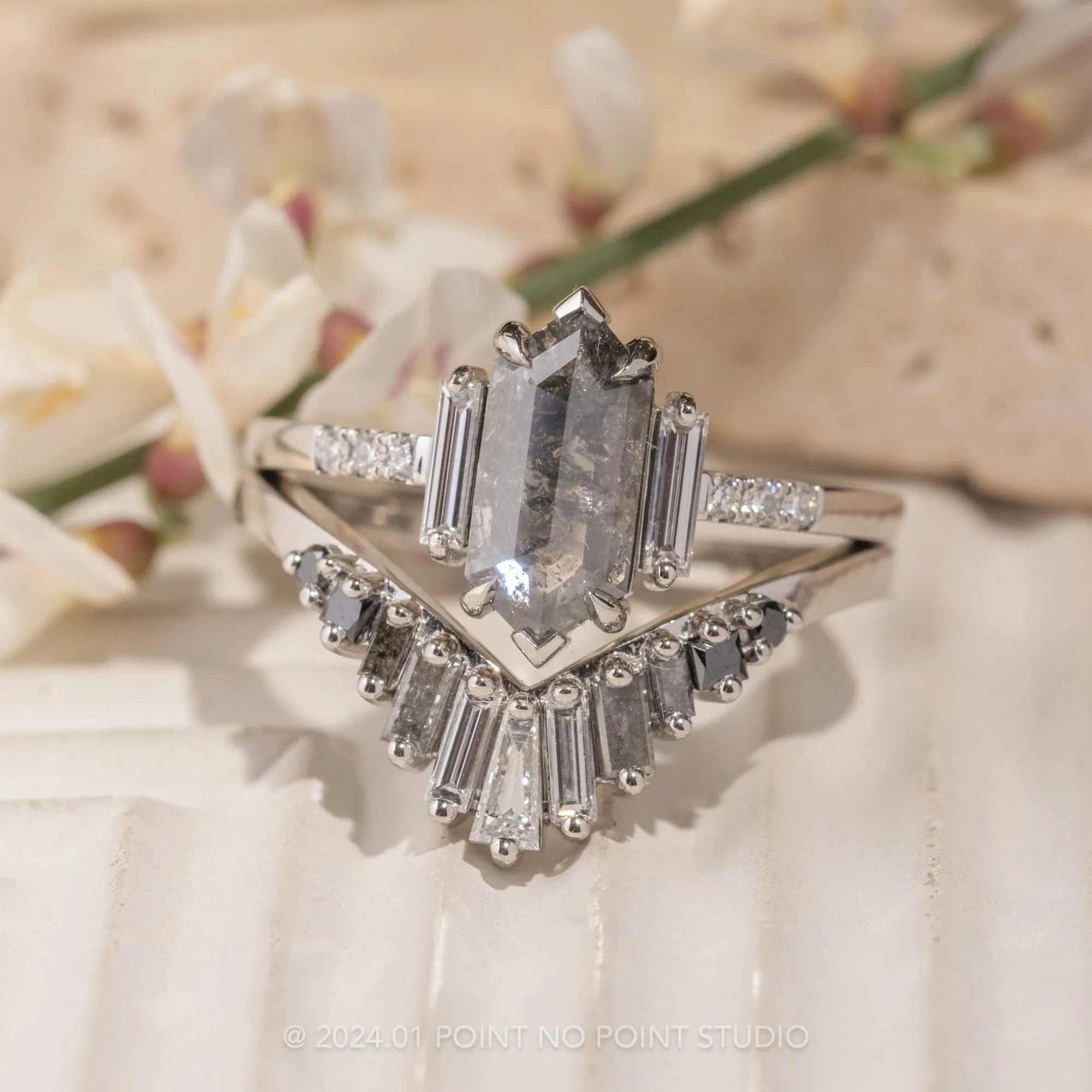 1.68 Carat Salt and Pepper Hexagon Diamond Engagement Ring, Eliza Setting, Platinum