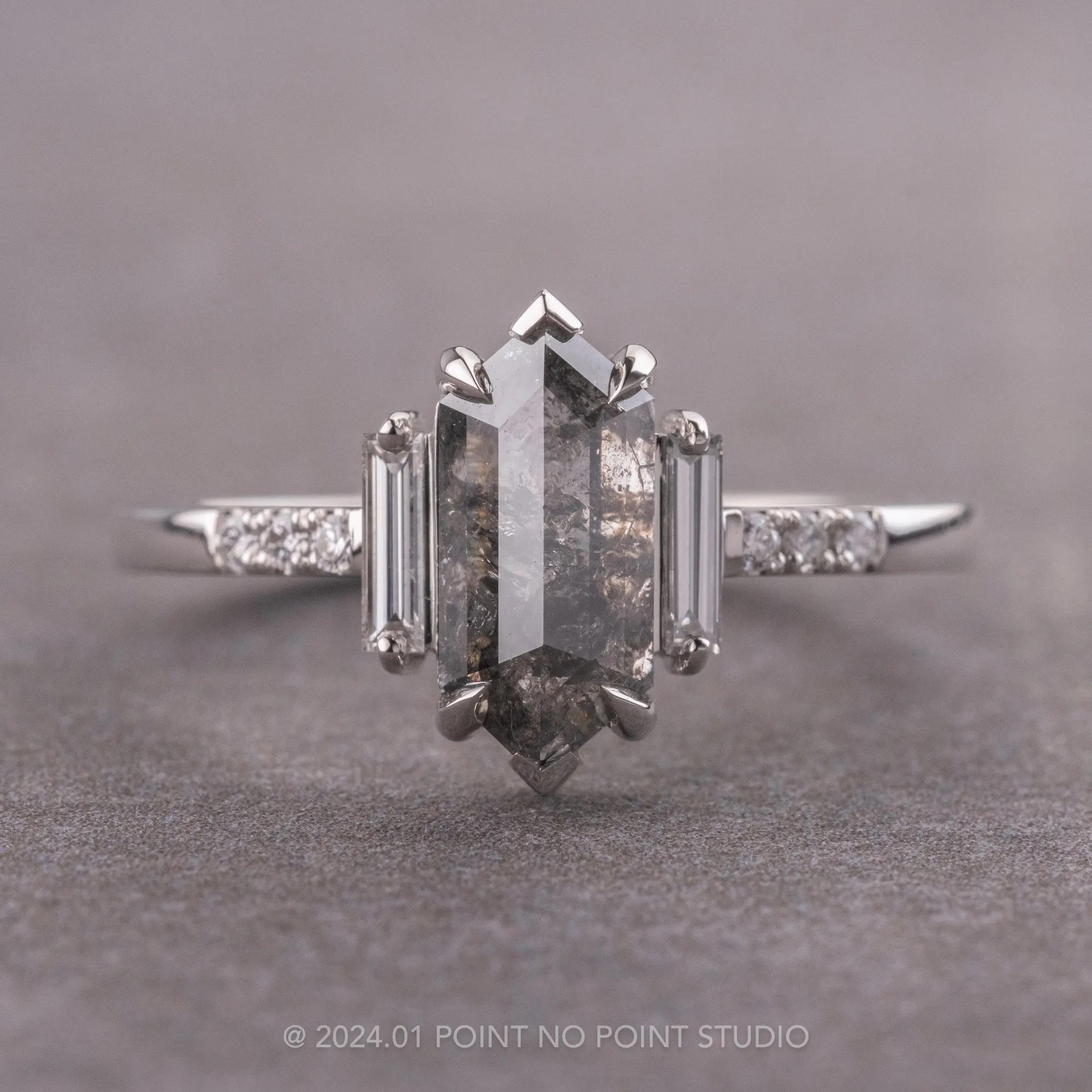 1.68 Carat Salt and Pepper Hexagon Diamond Engagement Ring, Eliza Setting, Platinum