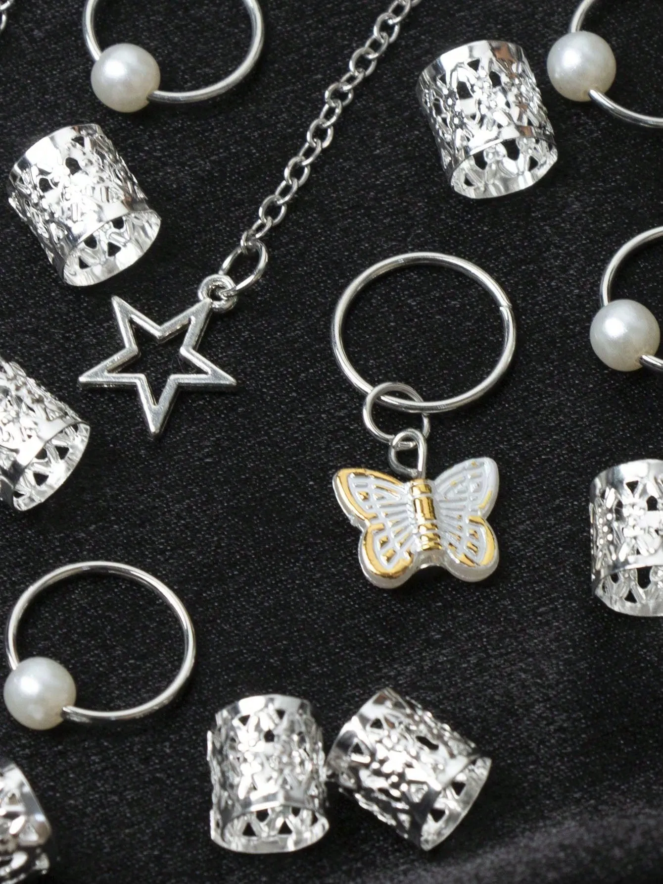 29pcs Mixed-Style Silver Pearl Butterfly Hair Rings