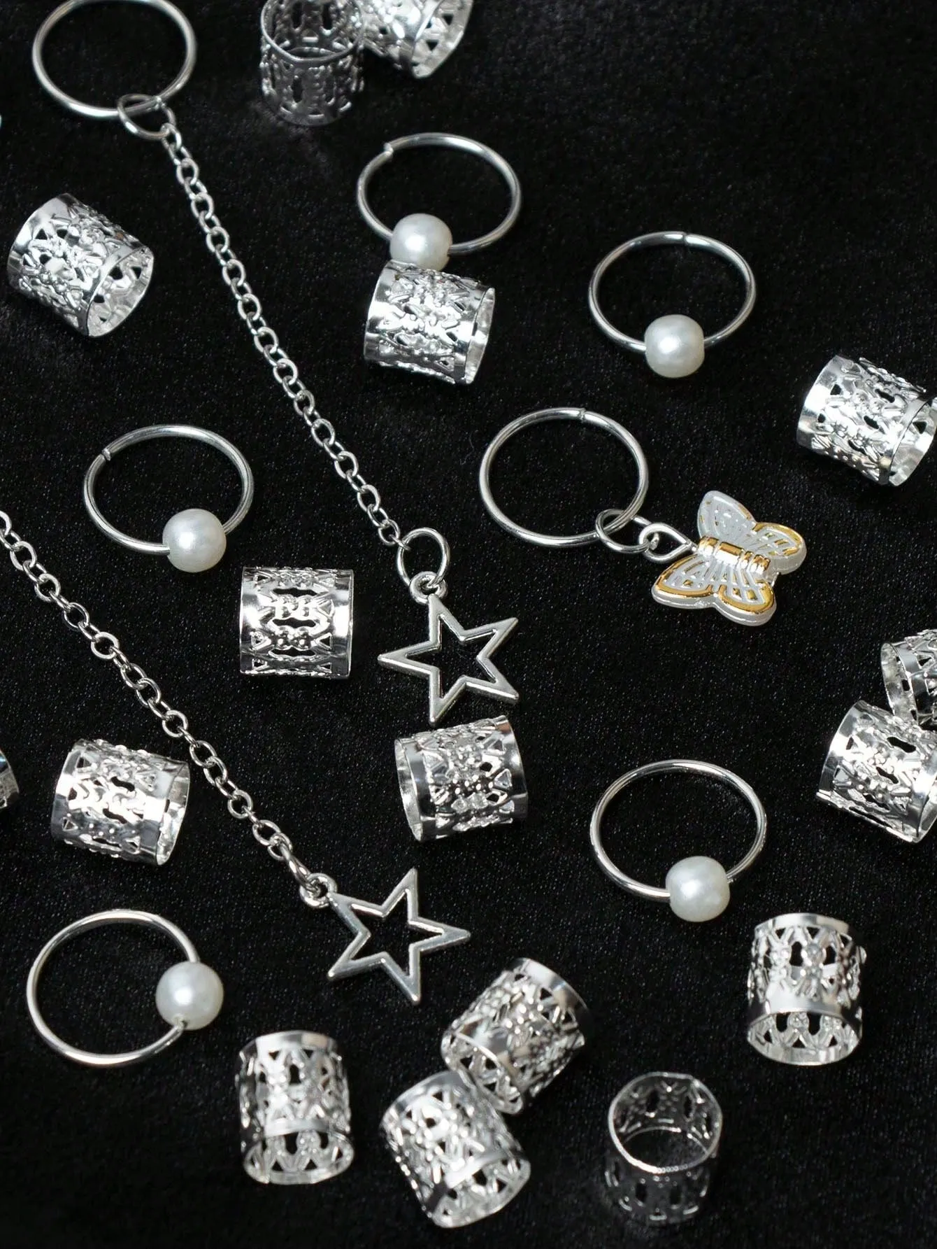 29pcs Mixed-Style Silver Pearl Butterfly Hair Rings