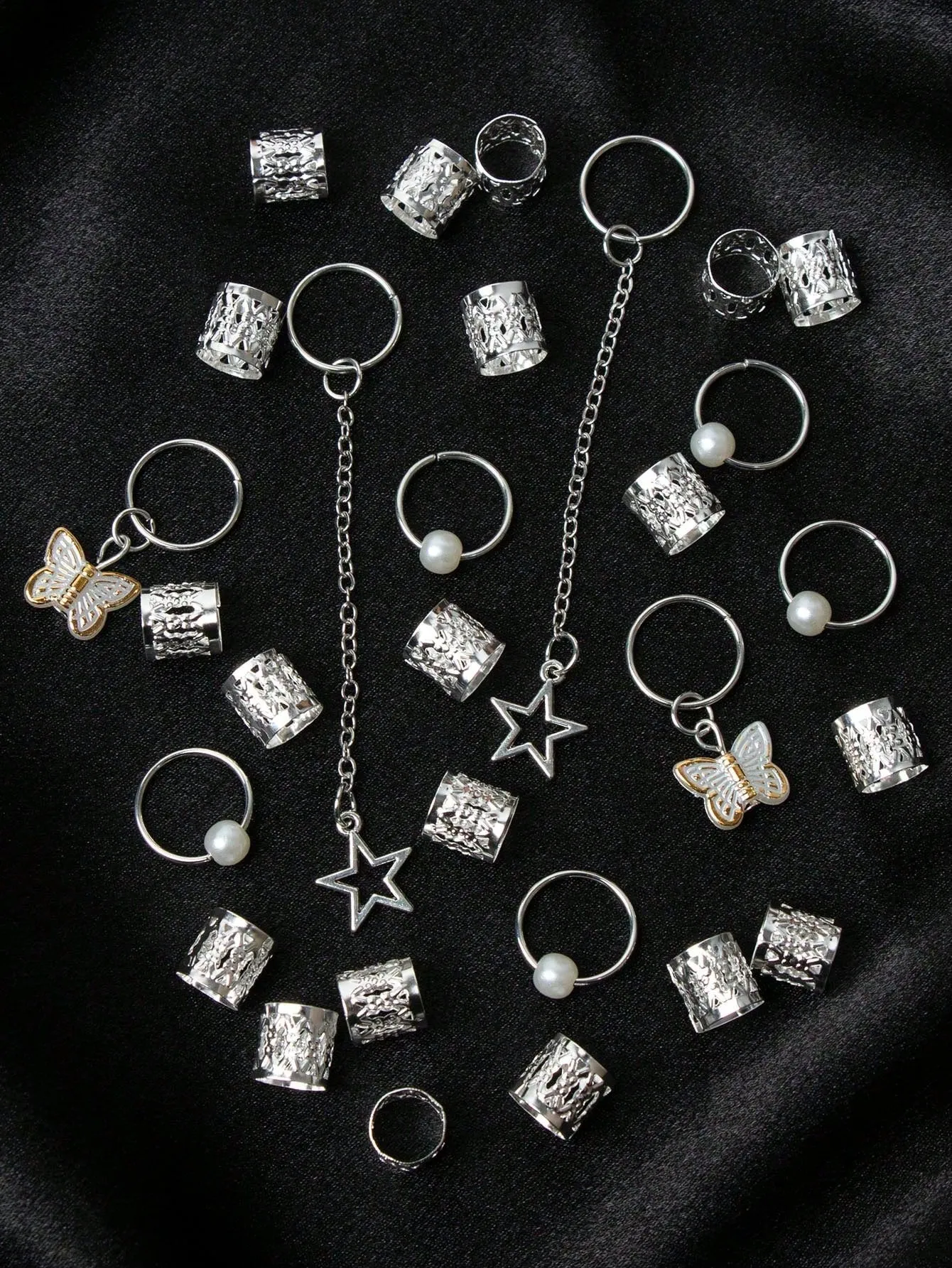 29pcs Mixed-Style Silver Pearl Butterfly Hair Rings