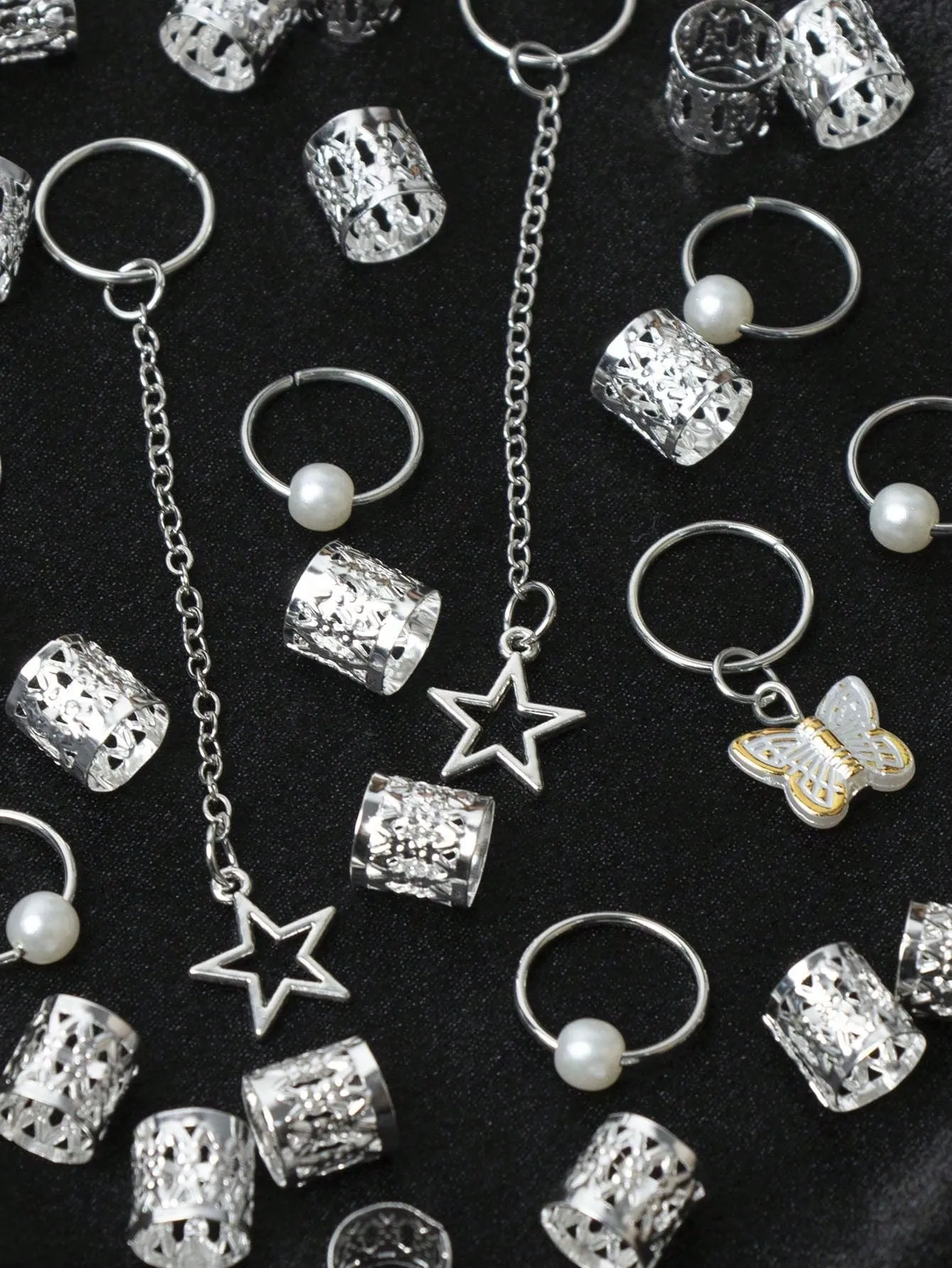 29pcs Mixed-Style Silver Pearl Butterfly Hair Rings
