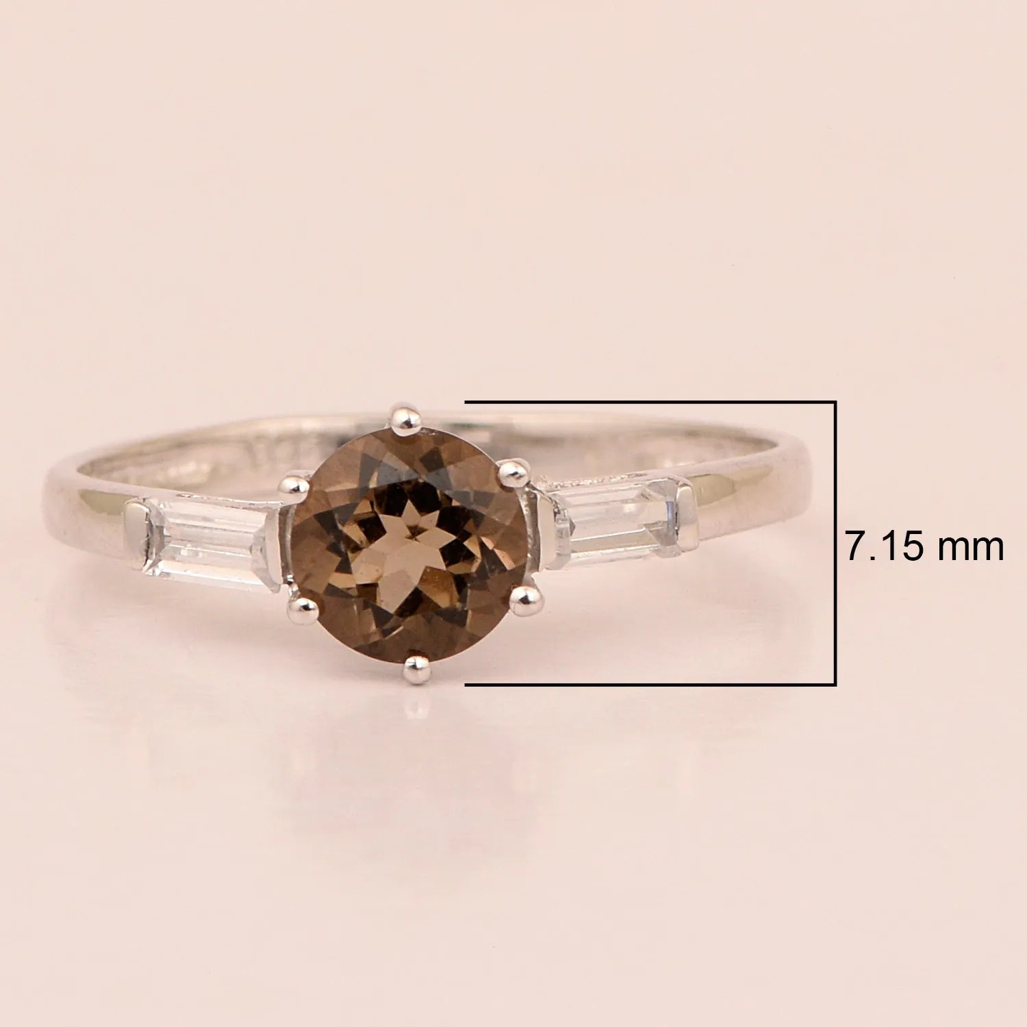 4 MM Round Smoky Quartz 925 Sterling Silver Three Stone Solitaire Women Ring