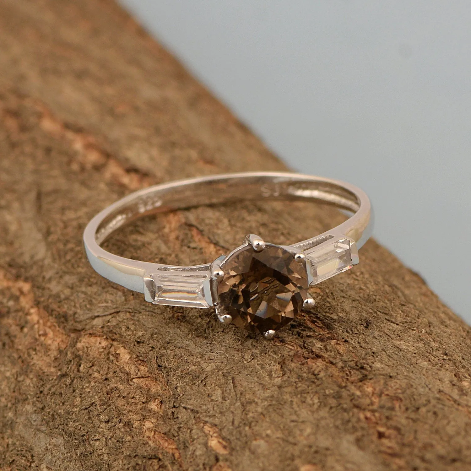 4 MM Round Smoky Quartz 925 Sterling Silver Three Stone Solitaire Women Ring