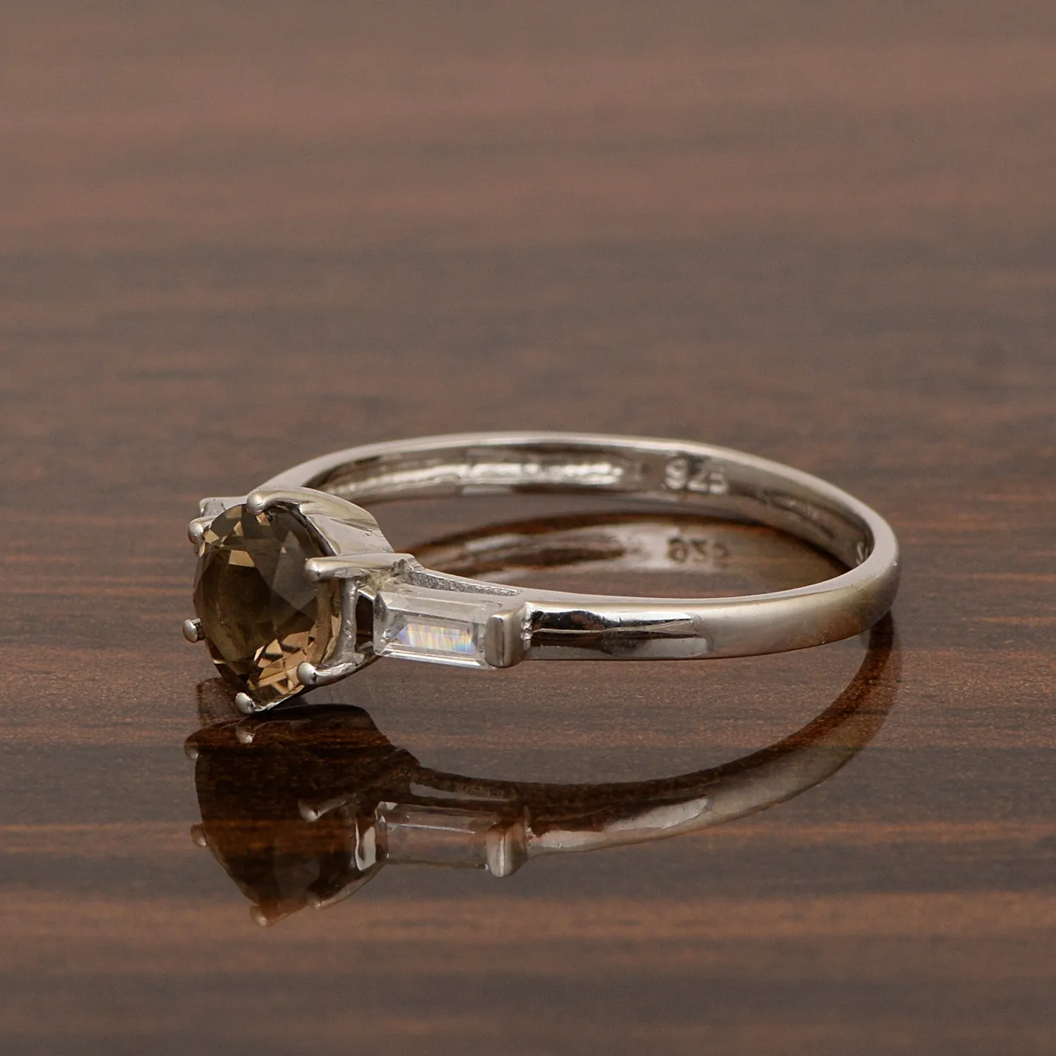 4 MM Round Smoky Quartz 925 Sterling Silver Three Stone Solitaire Women Ring