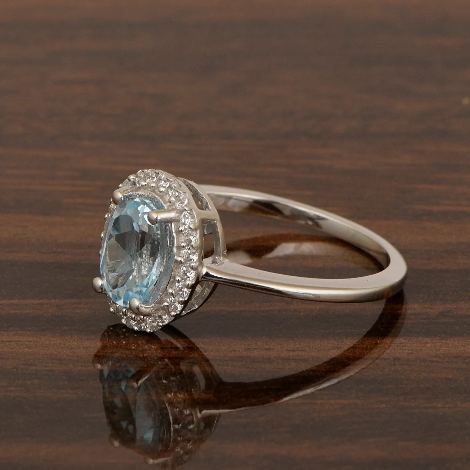 925 Sterling Silver 1.75 Ctw Oval Blue Topaz & White Accents Women Ring