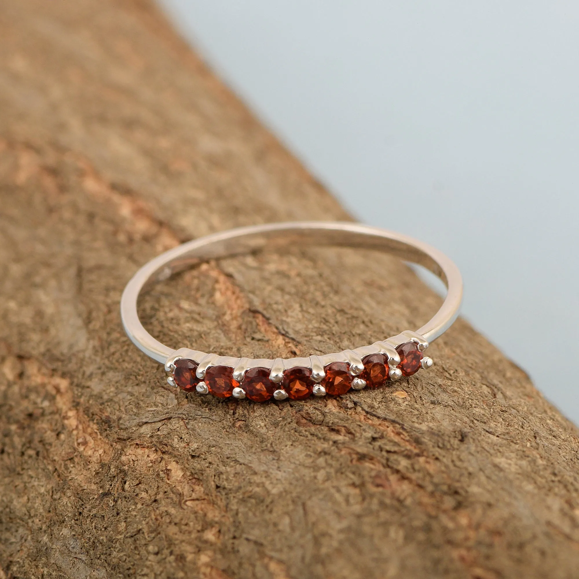 925 Sterling Silver 7-Stone 0.70 Ctw Garnet Women Wedding Rings