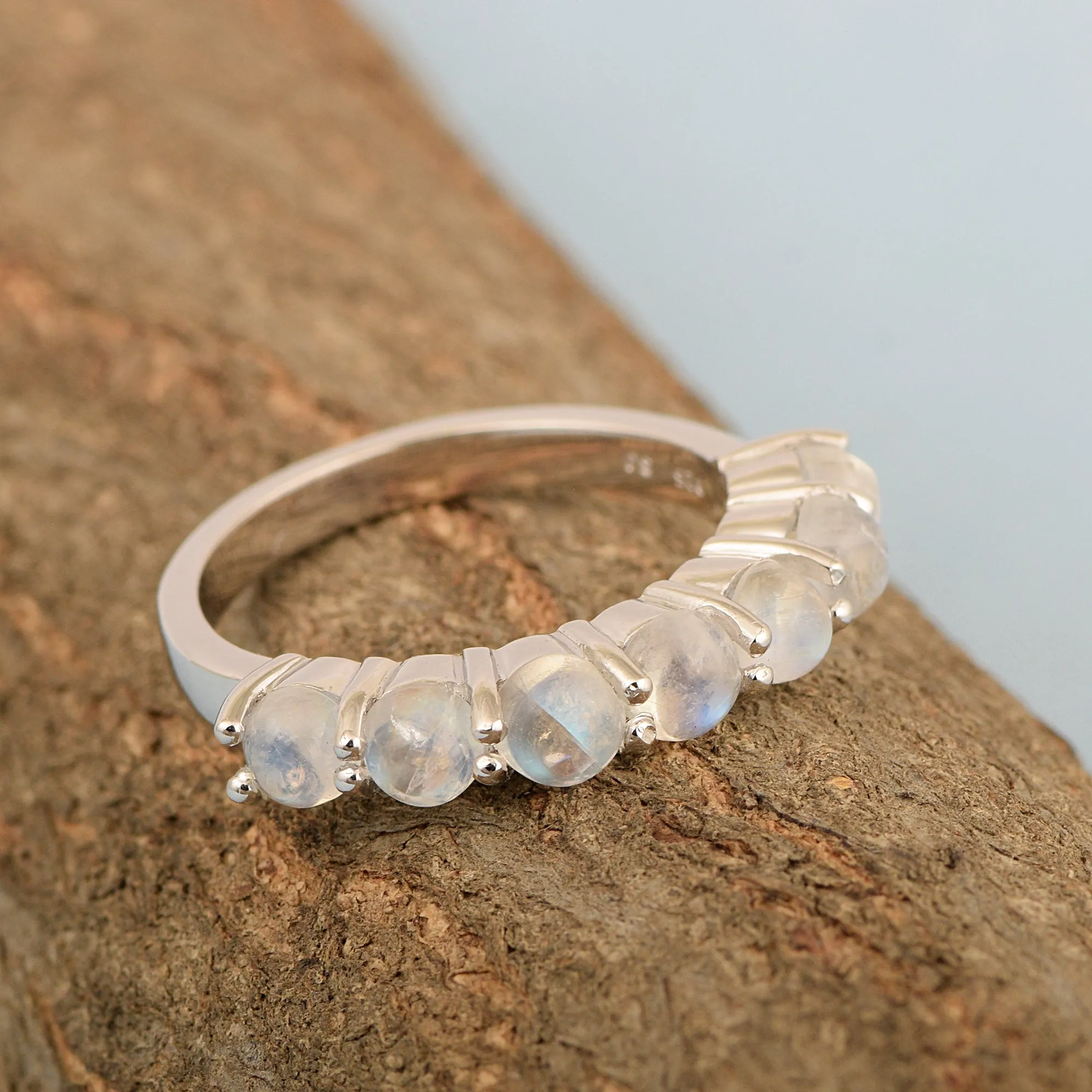 925 Sterling Silver 7-Stone Round Purple Moonstone Gemstone Women Wedding Ring