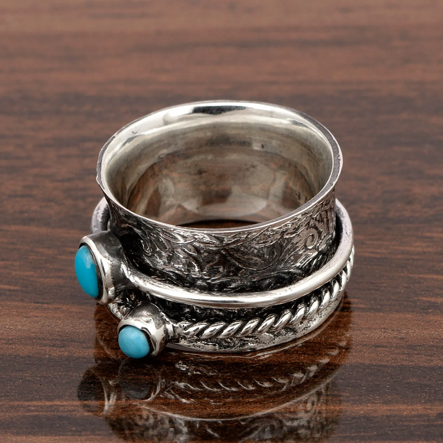 925 Sterling Silver Dual Band Spinner Turquoise Ring