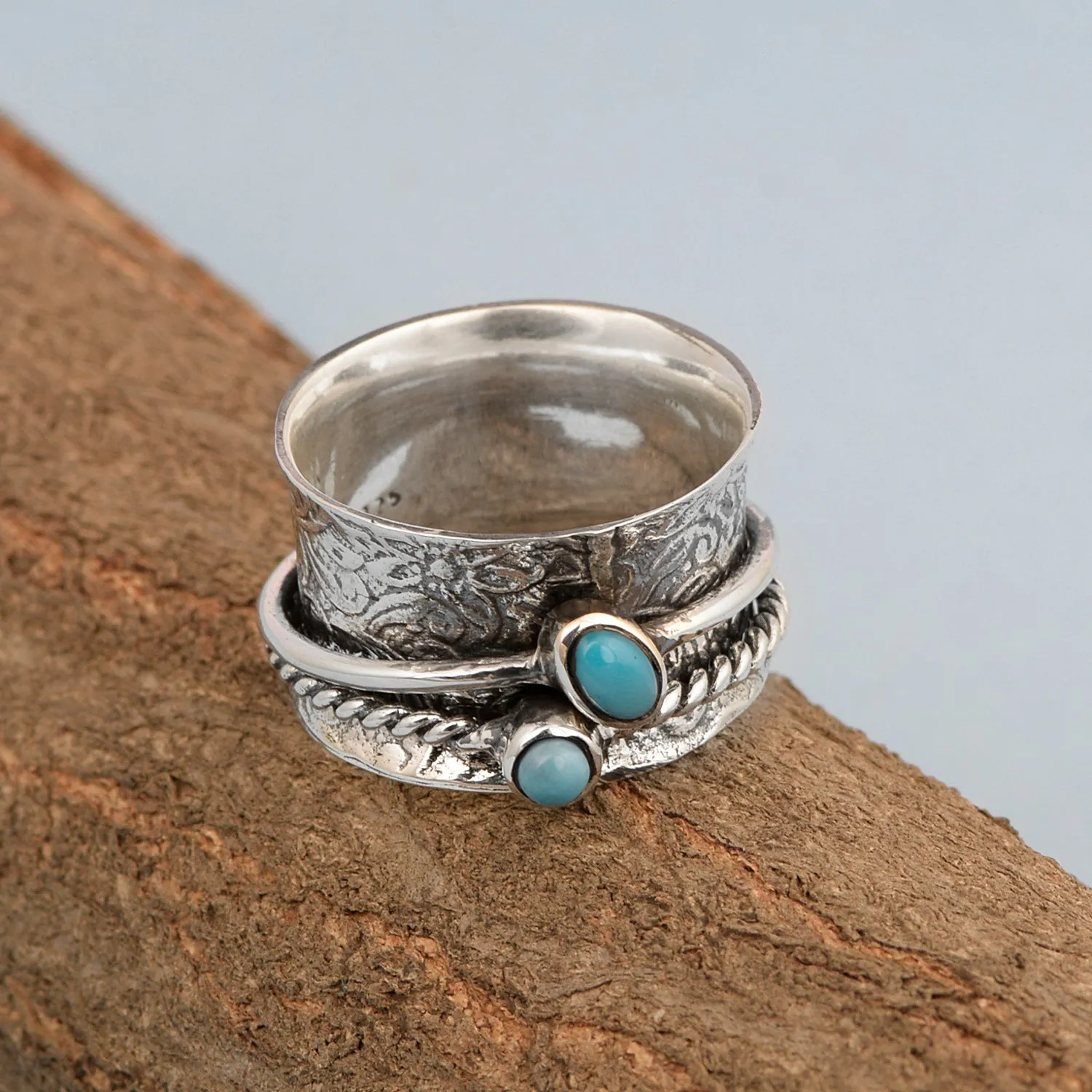 925 Sterling Silver Dual Band Spinner Turquoise Ring