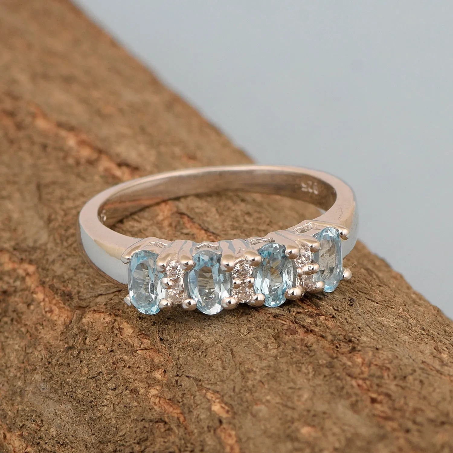 925 Sterling Silver Oval 5X3MM Swiss Blue Topaz & White Topaz Women Wedding Ring