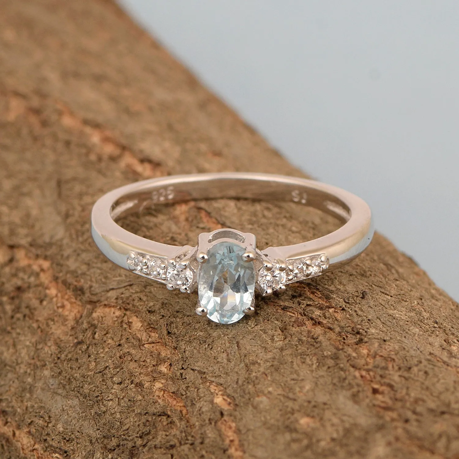 925 Sterling Silver Oval 6X4mm Blue Topaz & White Accents Women Engagement Ring