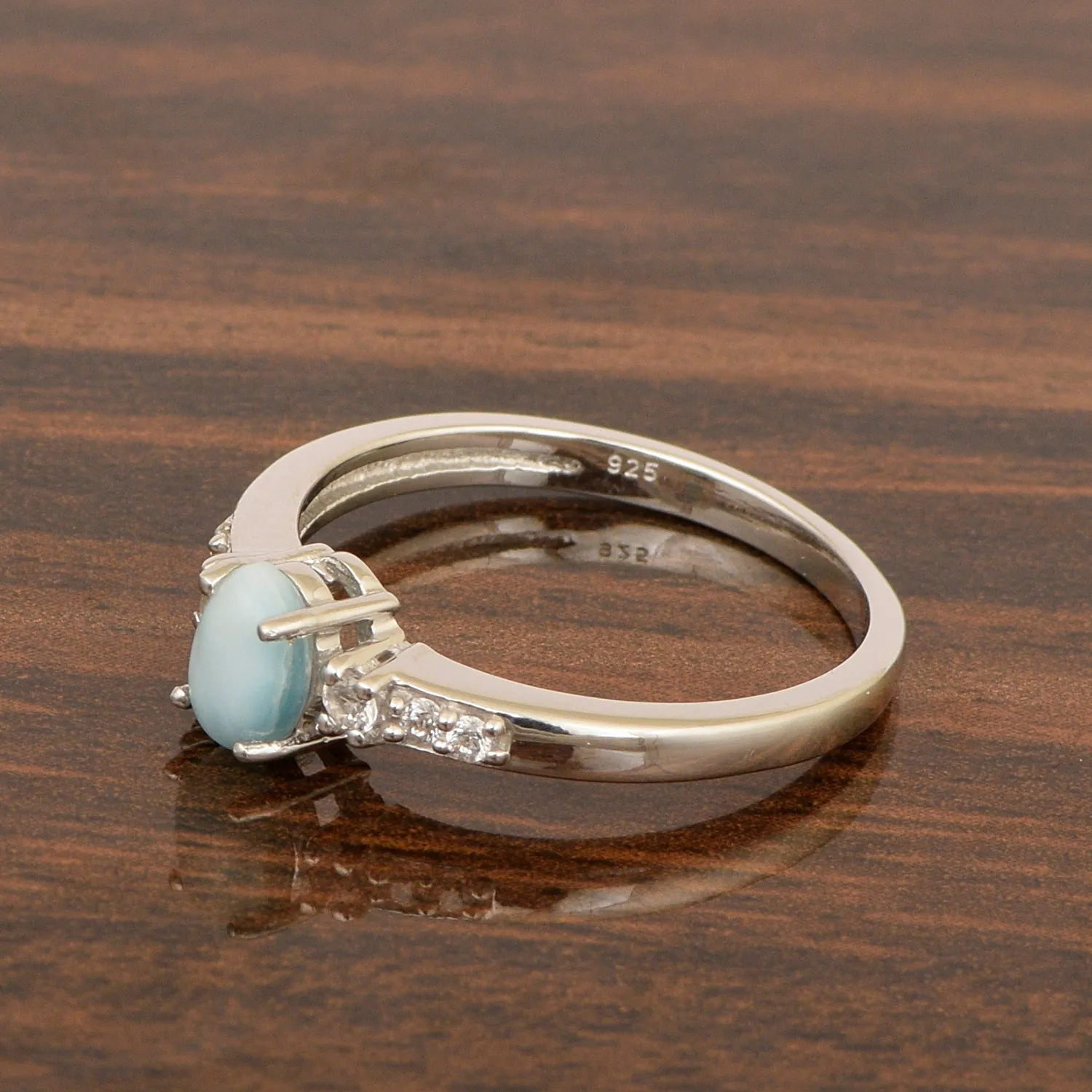 925 Sterling Silver Oval 6X4mm Larimar & White Accents Women Engagement Ring