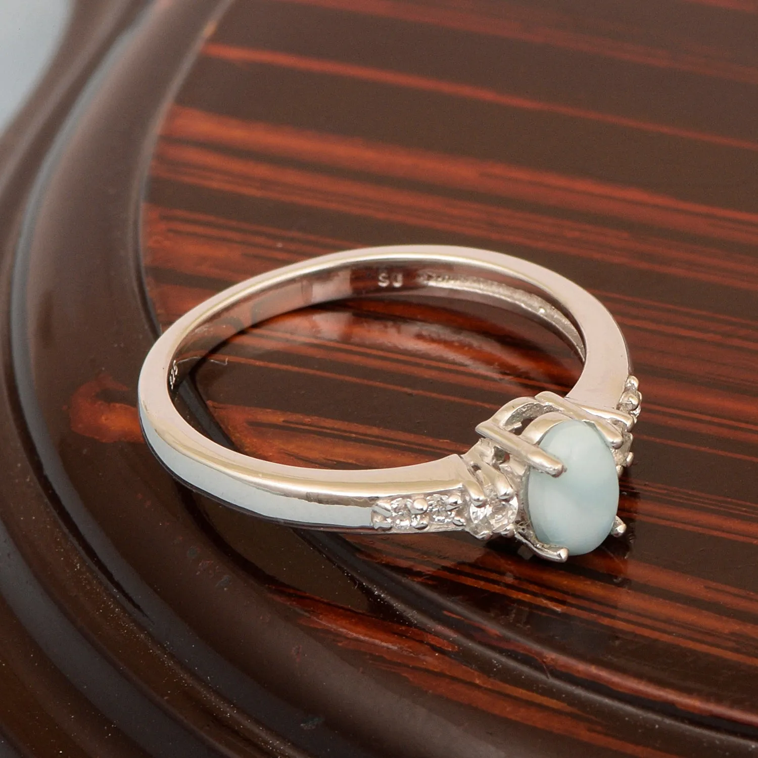 925 Sterling Silver Oval 6X4mm Larimar & White Accents Women Engagement Ring