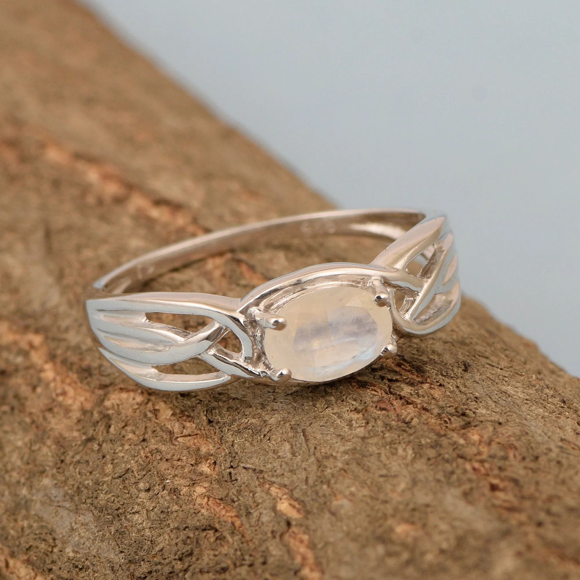 925 Sterling Silver Oval-Cut Moonstone Bridal Wedding Ring