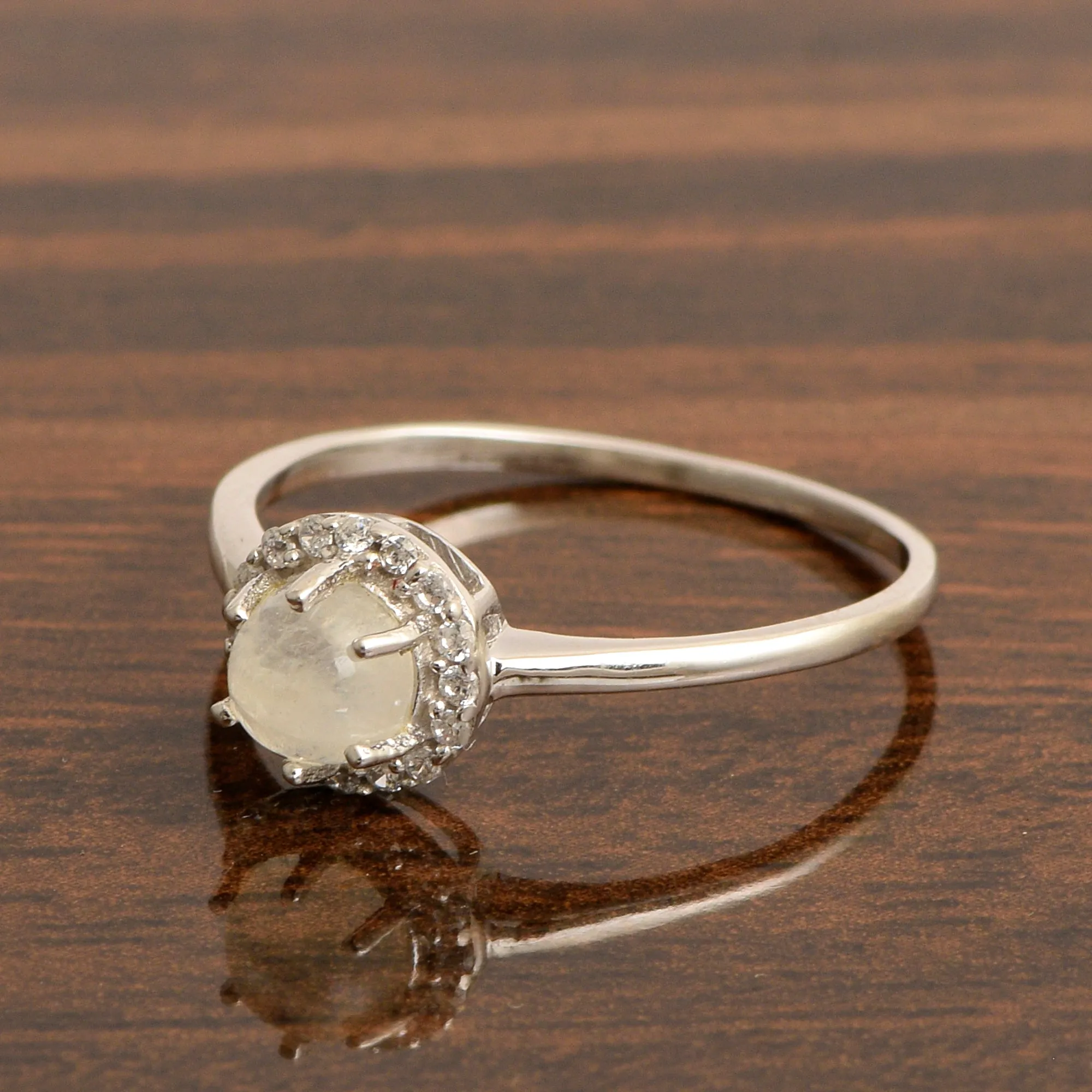 925 Sterling Silver Round 5MM Moonstone Solitaire Accents Ring