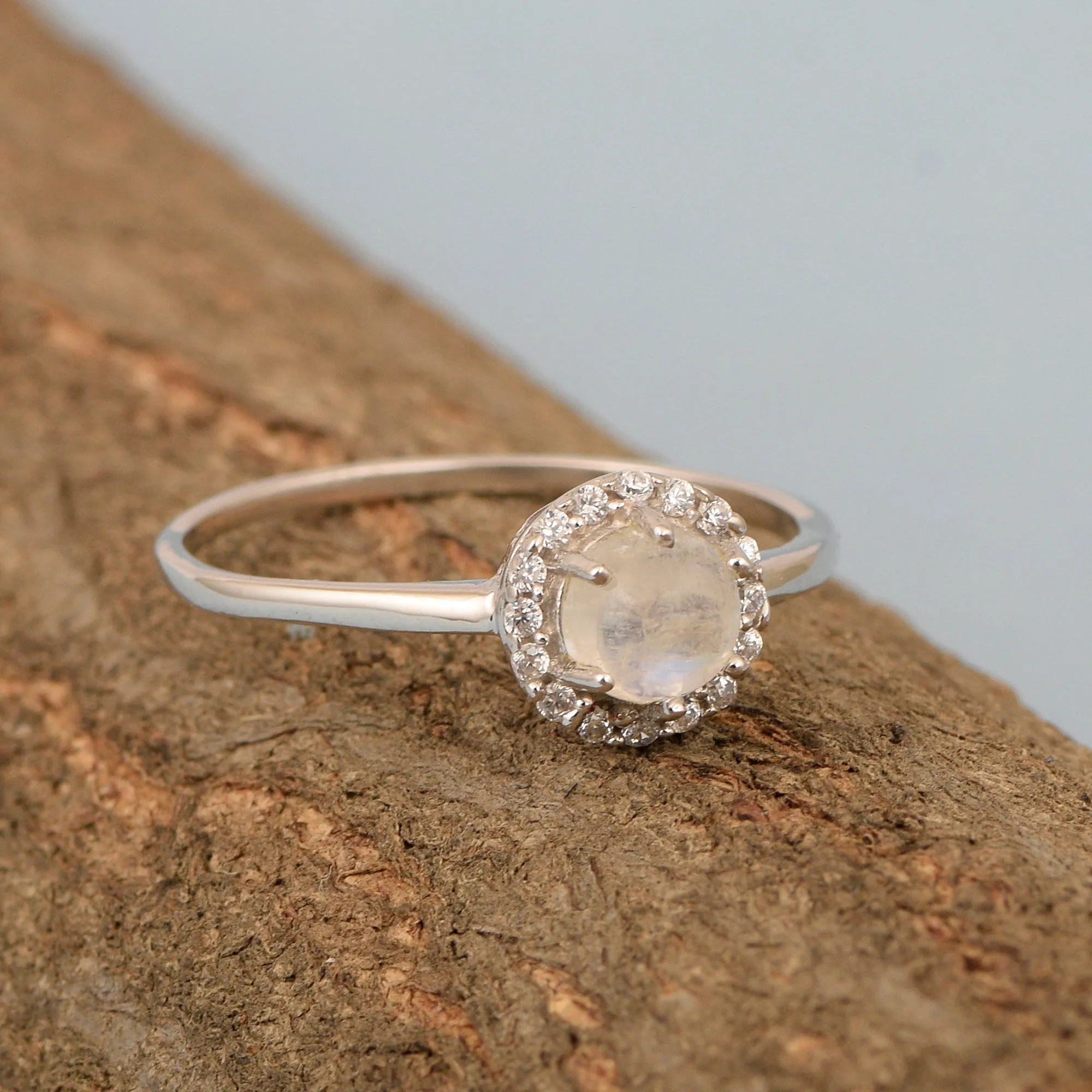 925 Sterling Silver Round 5MM Moonstone Solitaire Accents Ring