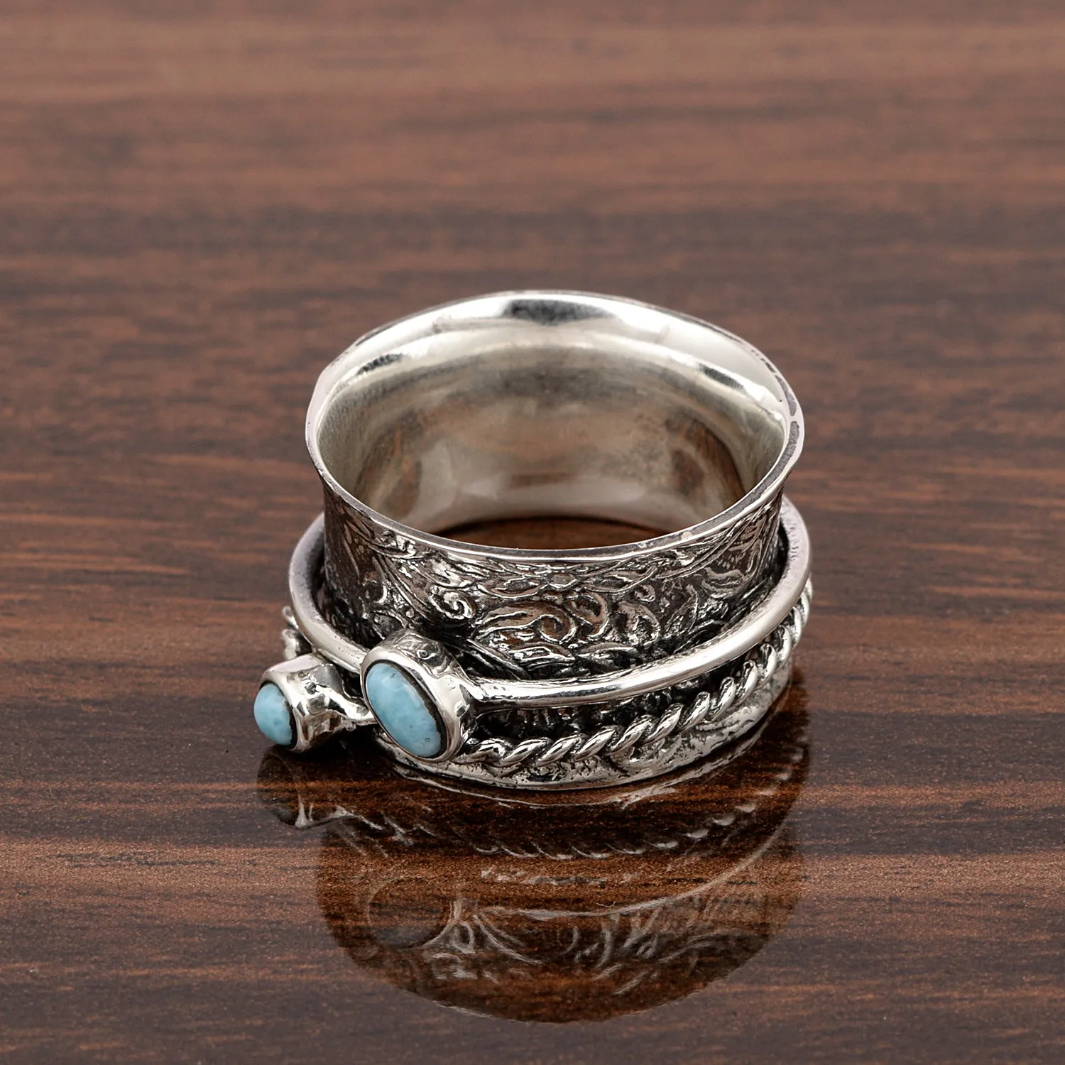 925 Sterling Silver Spinner Larimar Dual Band Oxidized Ring