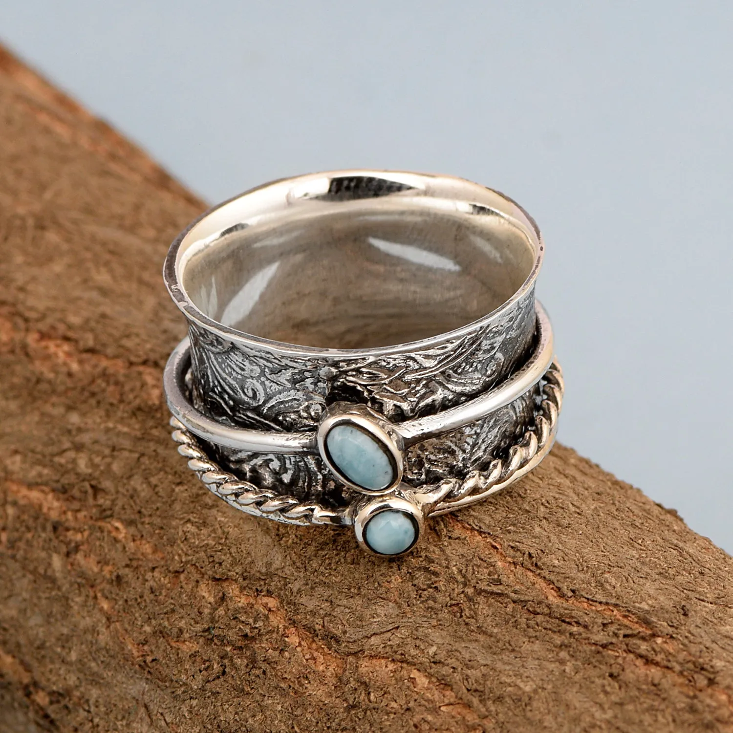 925 Sterling Silver Spinner Larimar Dual Band Oxidized Ring