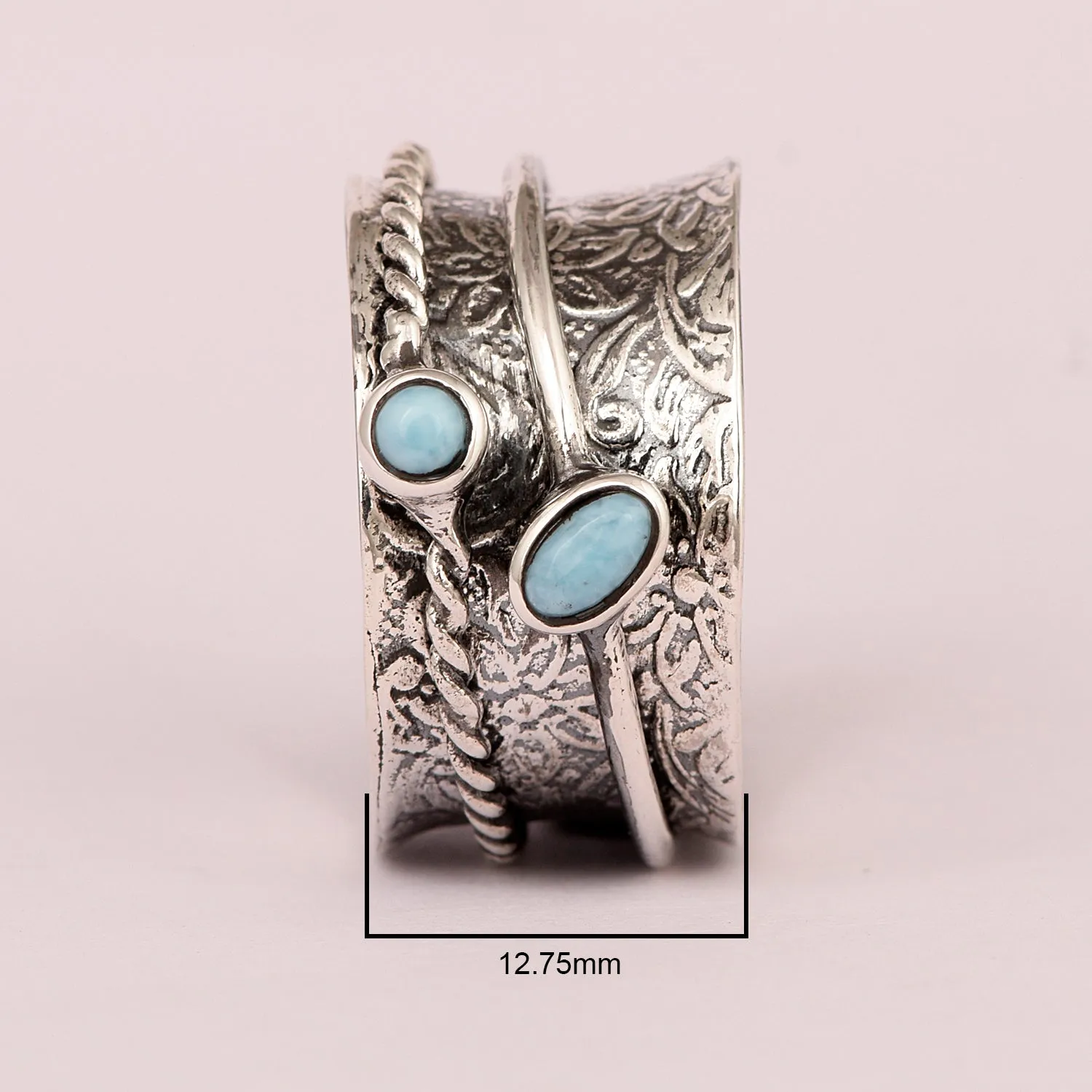925 Sterling Silver Spinner Larimar Dual Band Oxidized Ring