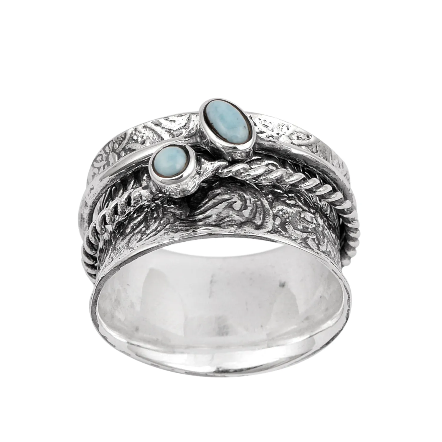 925 Sterling Silver Spinner Larimar Dual Band Oxidized Ring