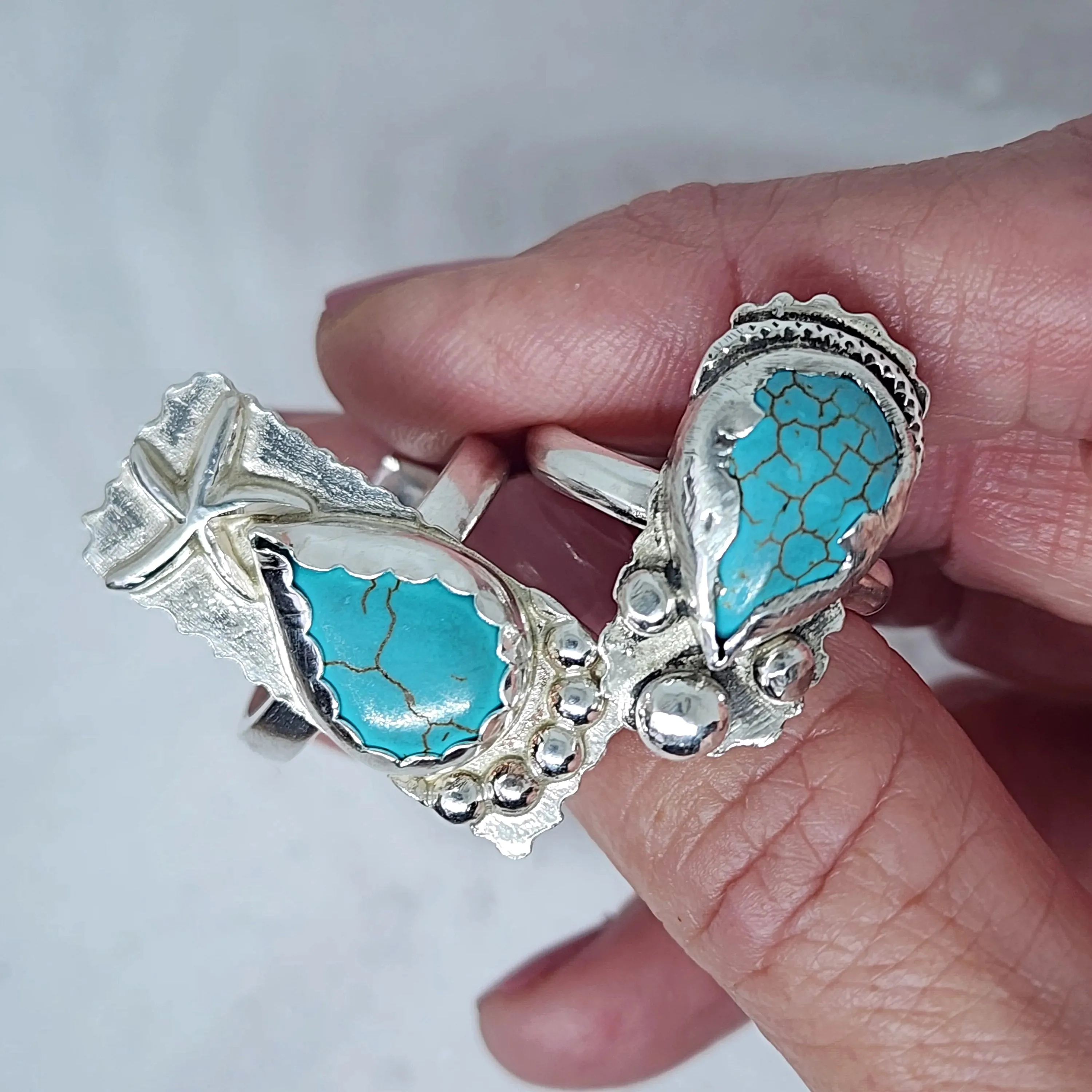 Adjustable Sterling Silver Turquoise Howlite Ring with Starfish | Handmade Boho Mermaid Jewelry