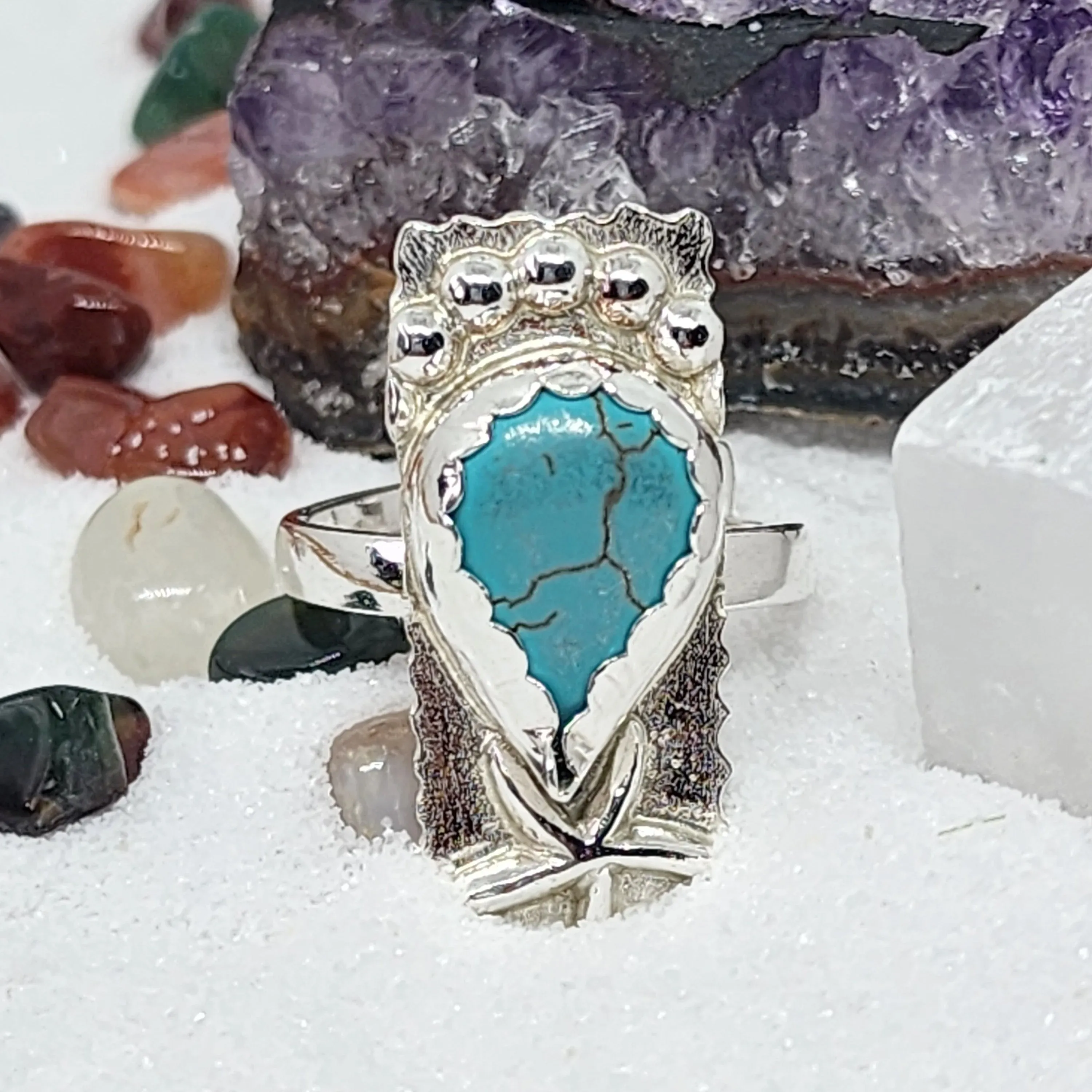 Adjustable Sterling Silver Turquoise Howlite Ring with Starfish | Handmade Boho Mermaid Jewelry