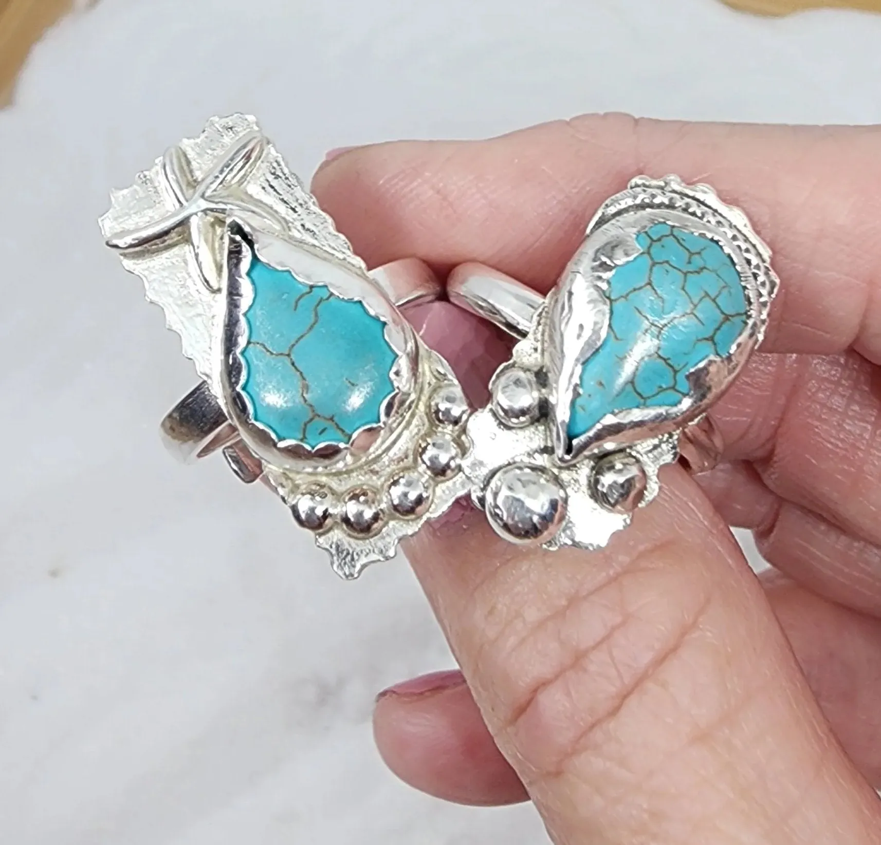 Adjustable Sterling Silver Turquoise Howlite Ring with Starfish | Handmade Boho Mermaid Jewelry