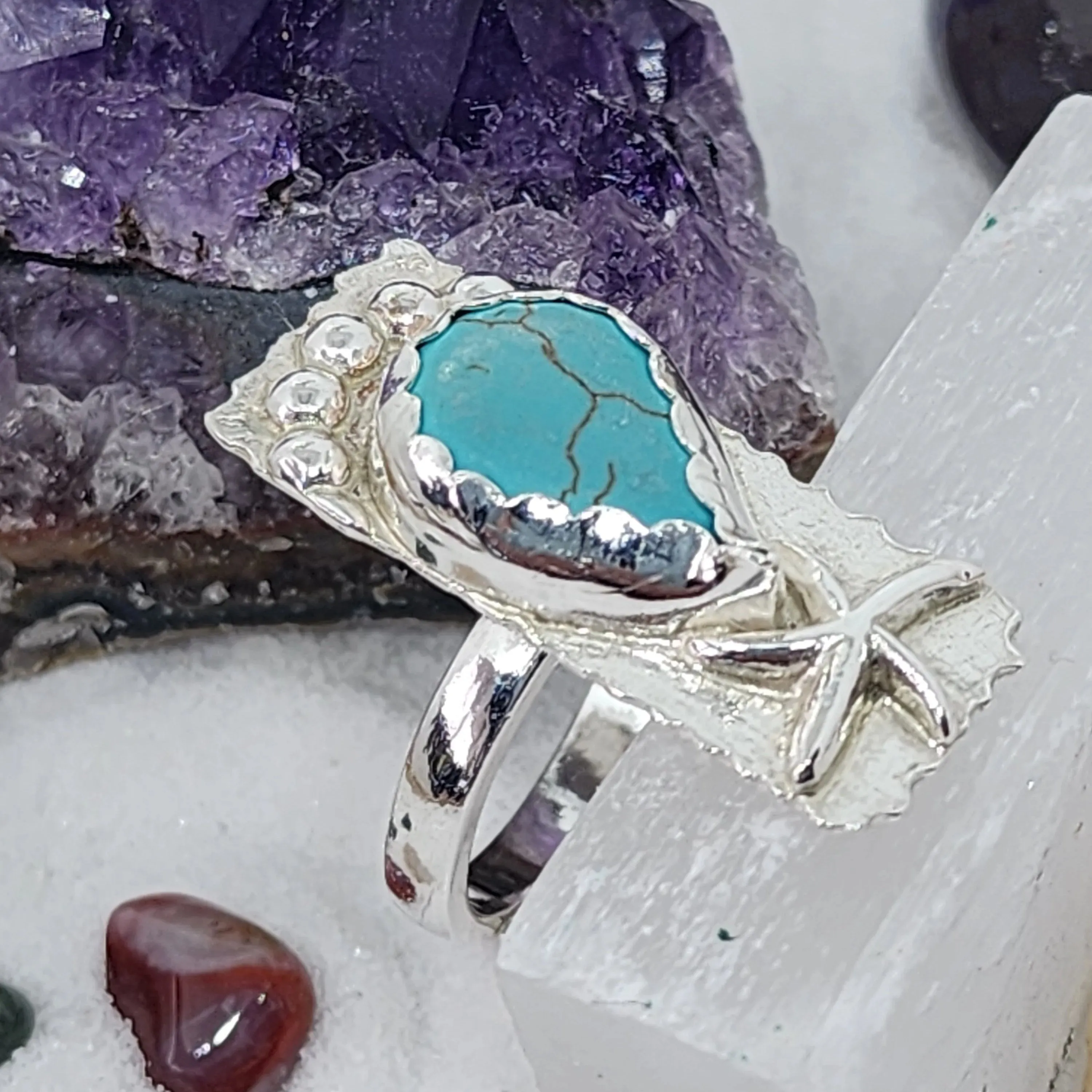 Adjustable Sterling Silver Turquoise Howlite Ring with Starfish | Handmade Boho Mermaid Jewelry