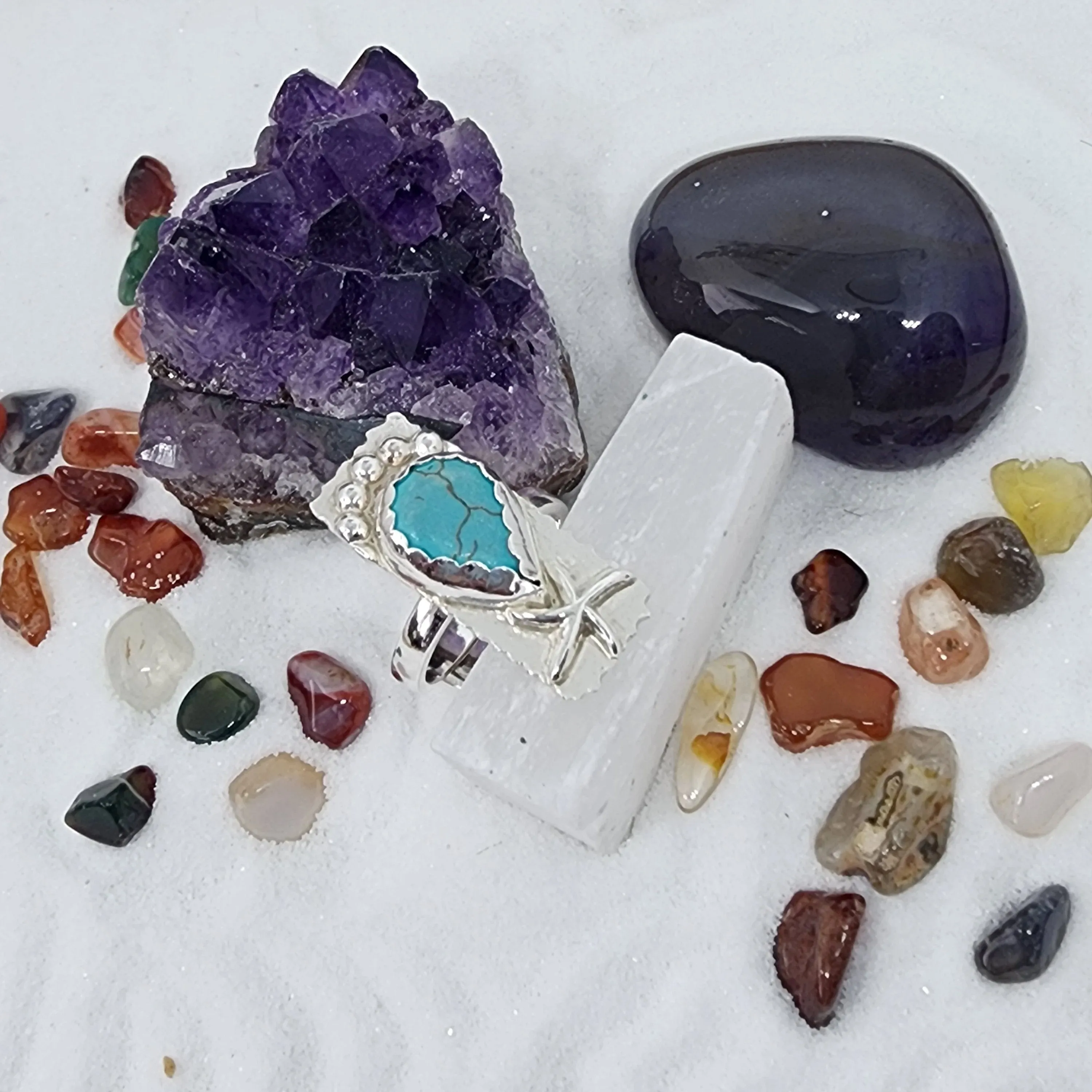 Adjustable Sterling Silver Turquoise Howlite Ring with Starfish | Handmade Boho Mermaid Jewelry