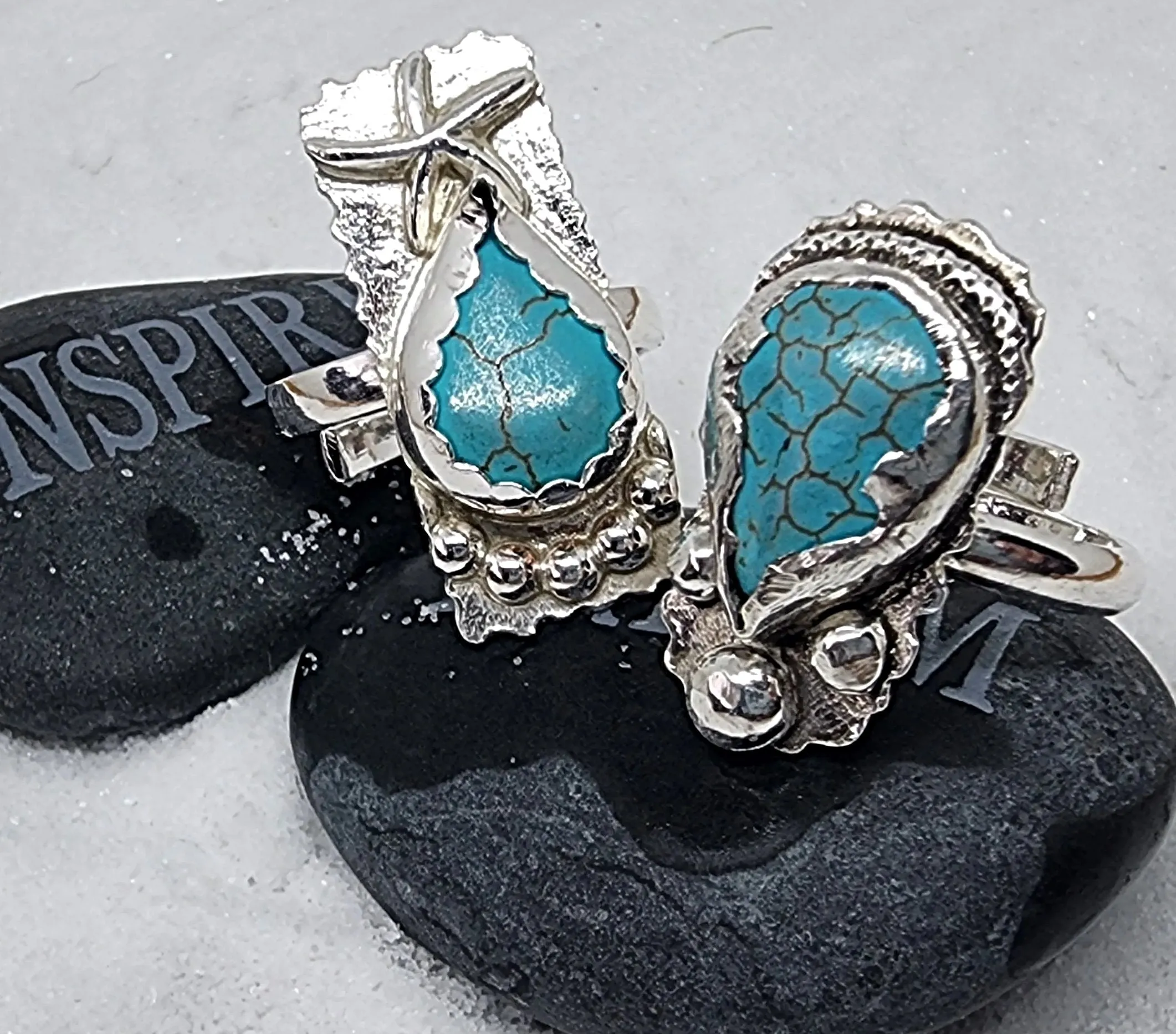 Adjustable Sterling Silver Turquoise Howlite Ring with Starfish | Handmade Boho Mermaid Jewelry