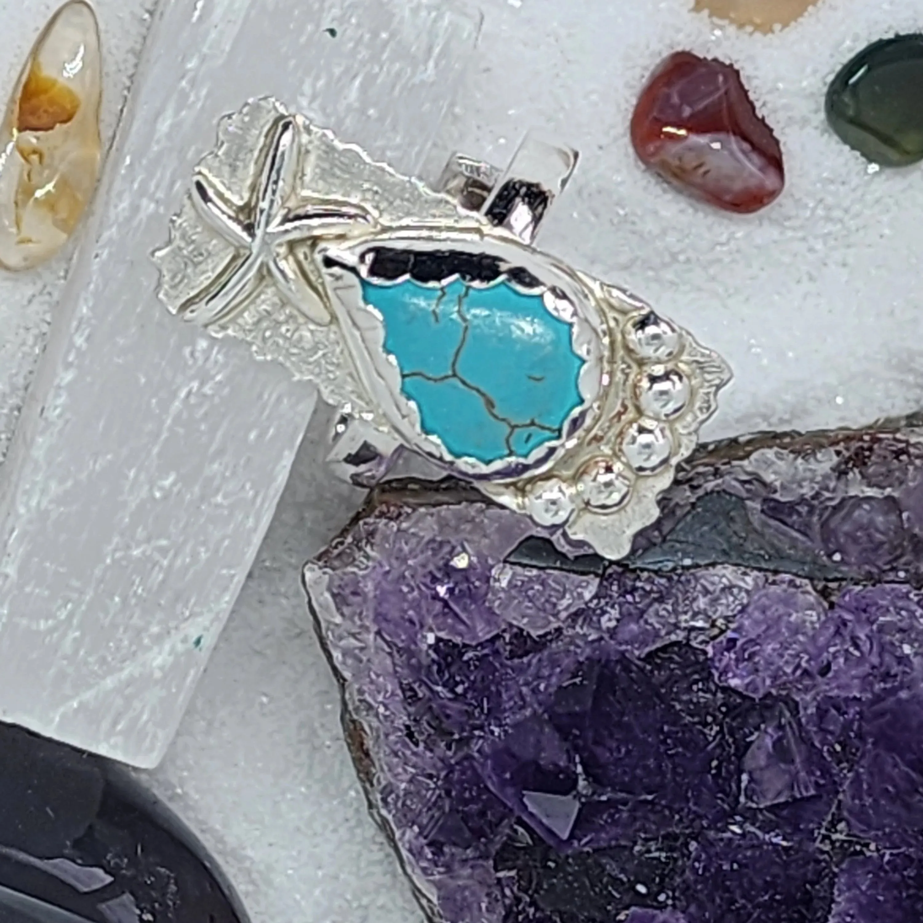 Adjustable Sterling Silver Turquoise Howlite Ring with Starfish | Handmade Boho Mermaid Jewelry